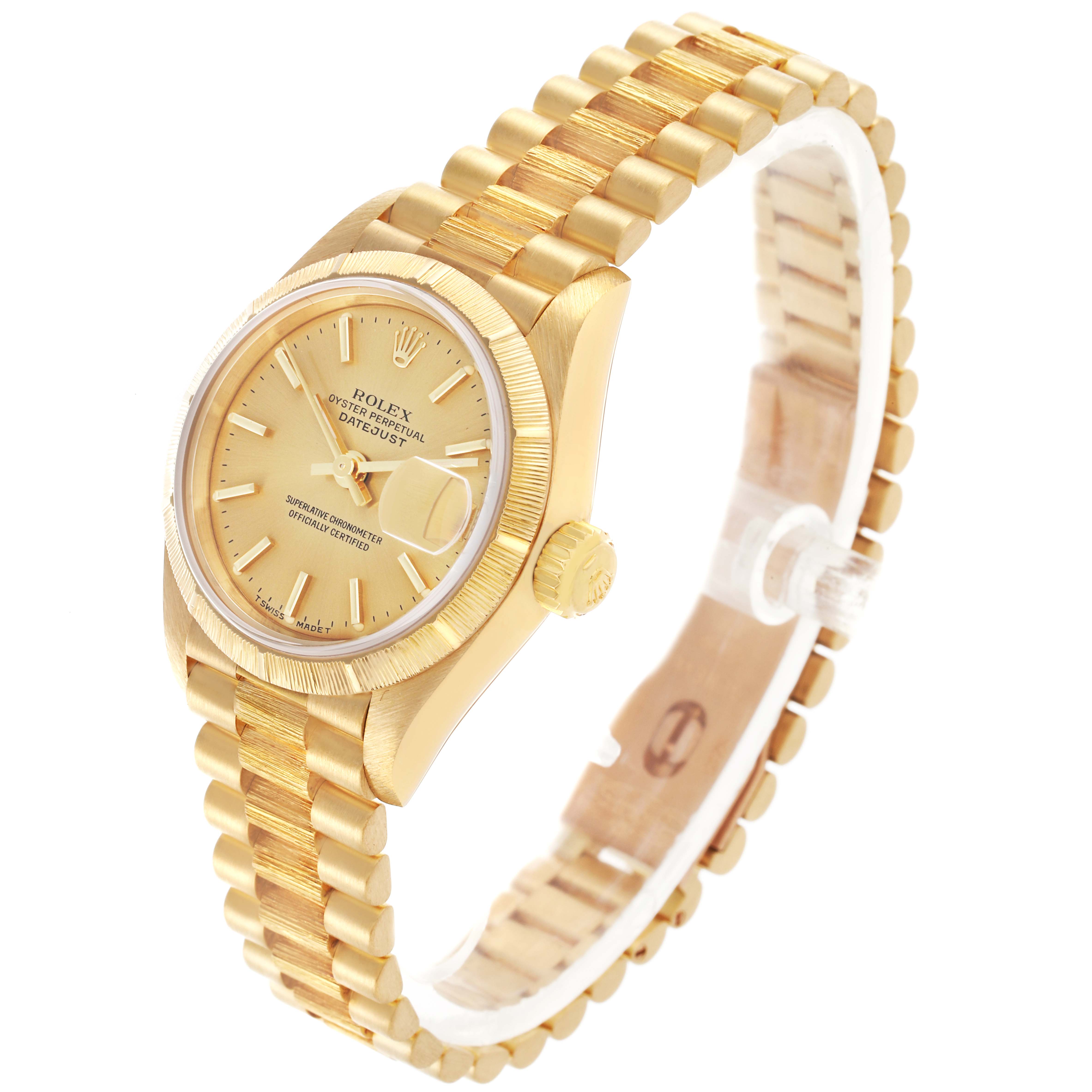 The Rolex President 69278 Women's Yellow Gold Champagne Dial 69278 Women's Yellow Gold Champagne Dial model is shown at a three-quarter angle, displaying the gold bracelet, bezel, dial, and crown.