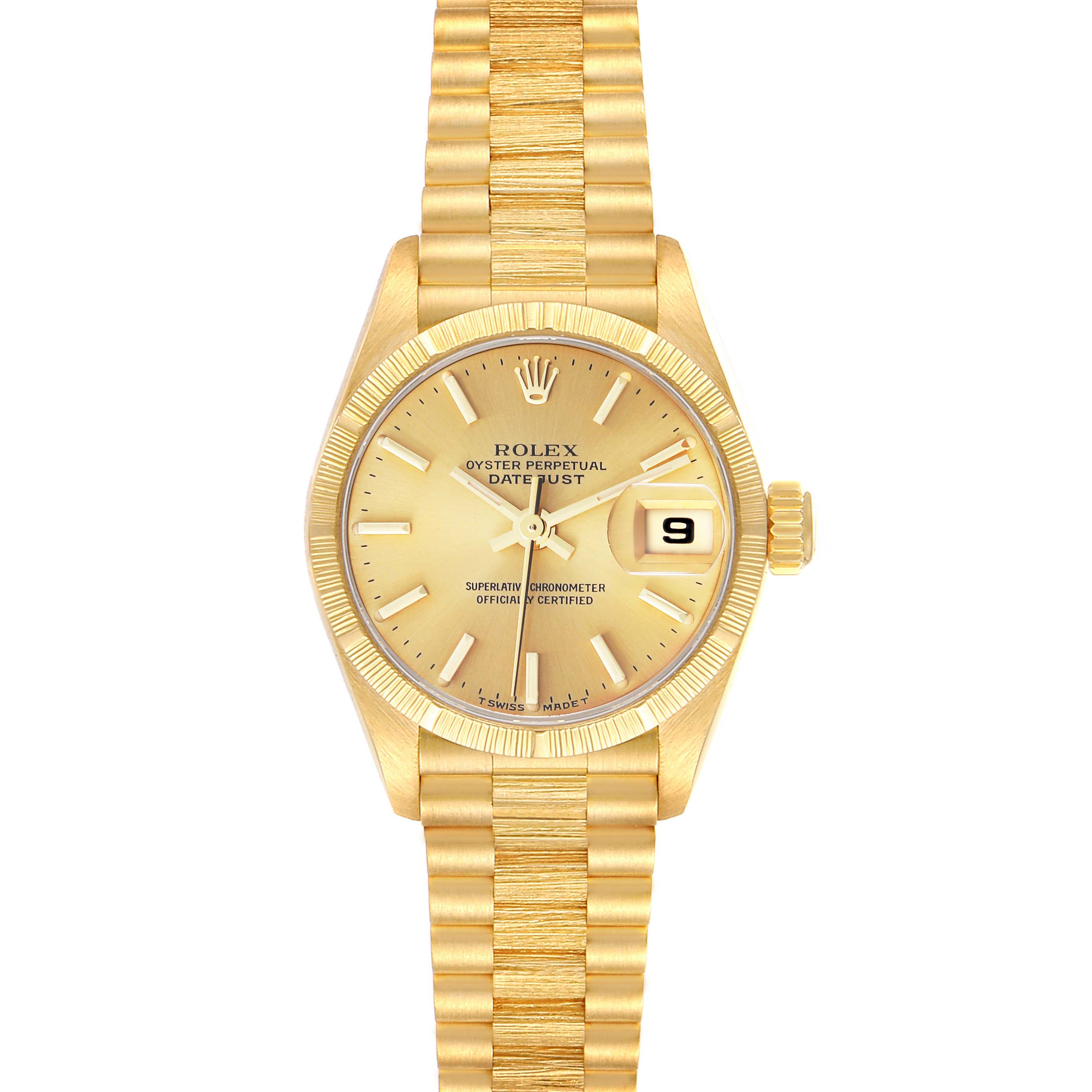 The Rolex President 69278 Women's Yellow Gold Champagne Dial 69278 Women's Yellow Gold Champagne Dial model is shown from the front, displaying the dial, hands, date, crown, and bracelet.