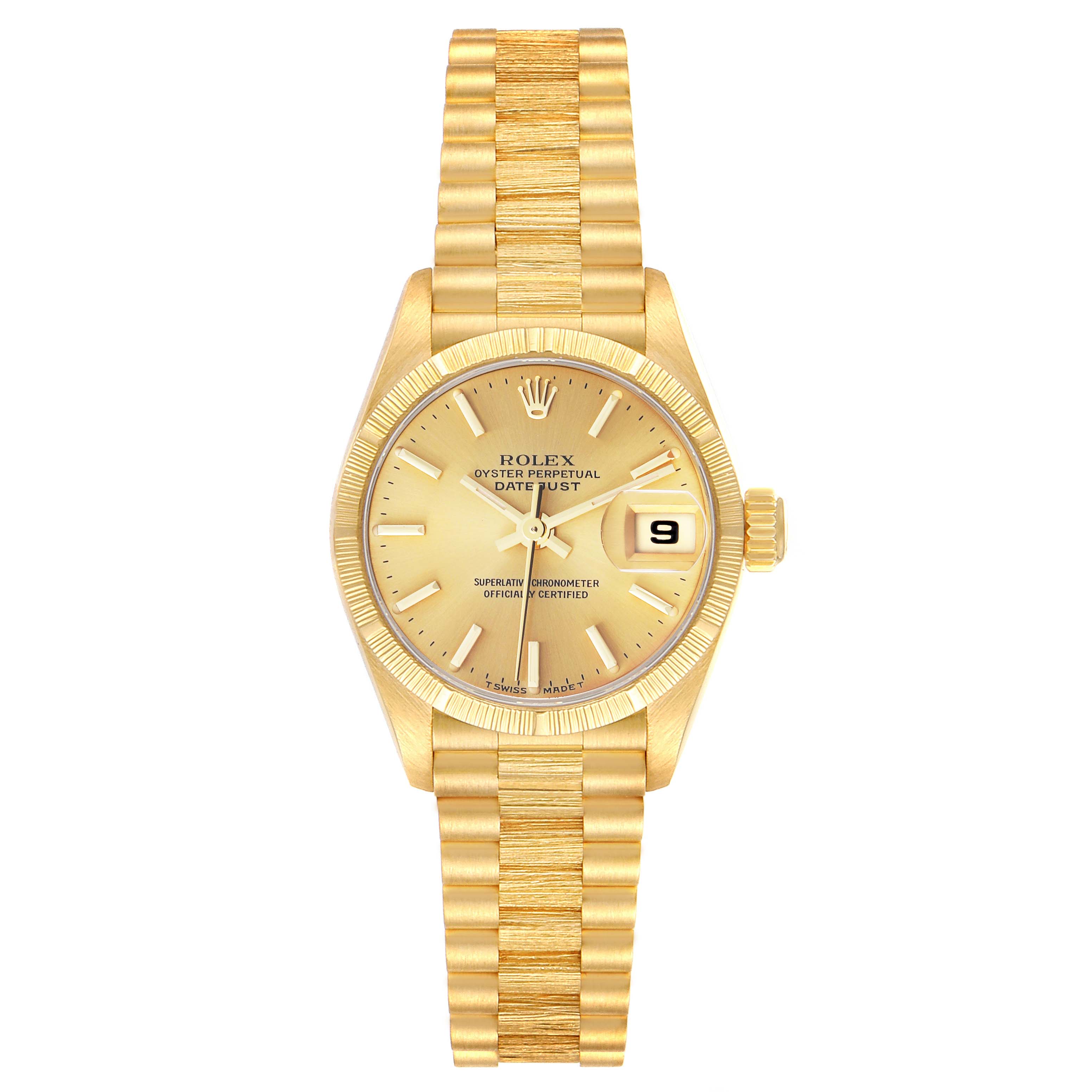 The image shows a frontal view of the Rolex President 69278 Women's Yellow Gold Champagne Dial 69278 Women's Yellow Gold Champagne Dial model, showcasing the face, bezel, bracelet, and crown.