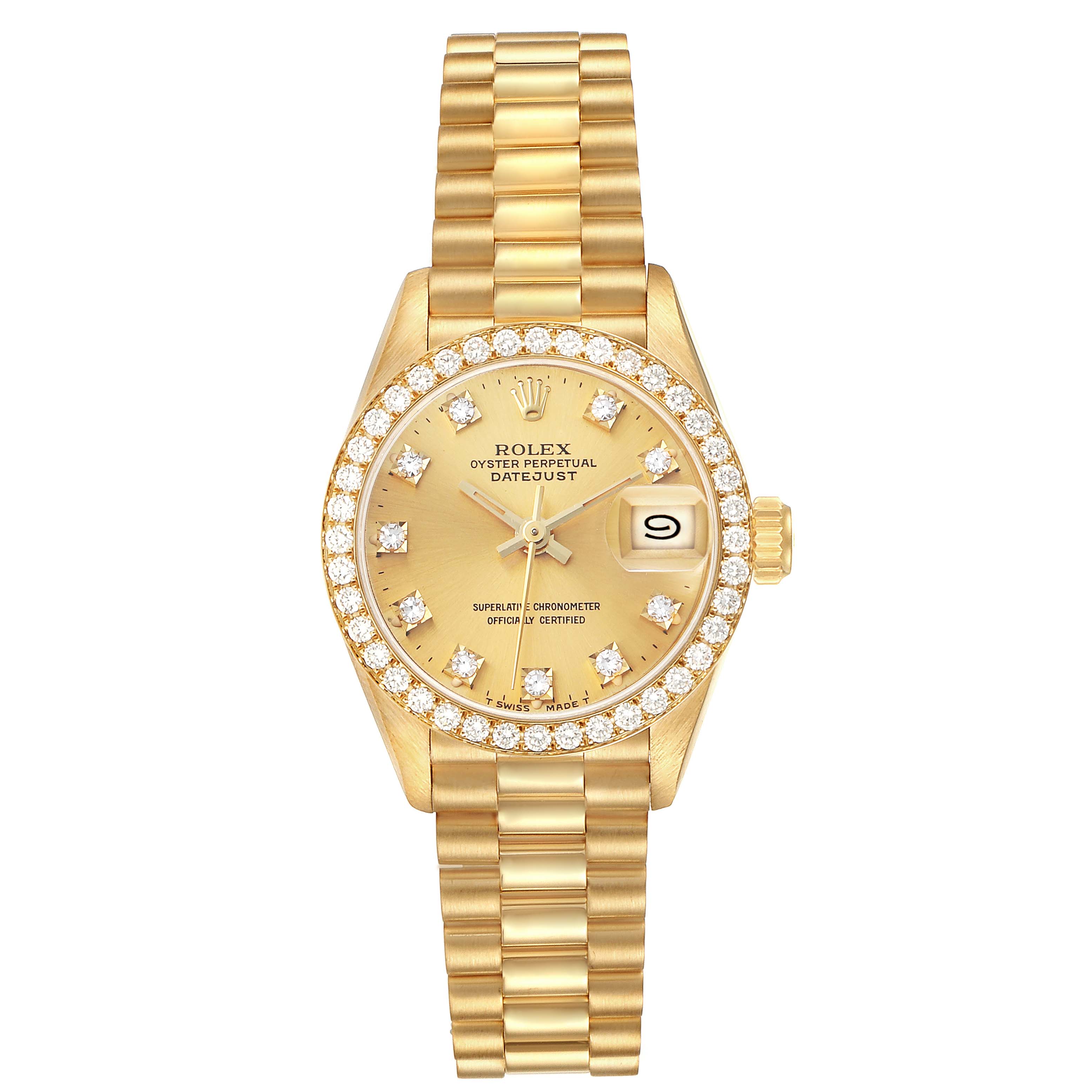 The Rolex President 69138 Women's Yellow Gold Champagne Dial model is shown from a top view, highlighting its bezel, dial, bracelet, and date window.