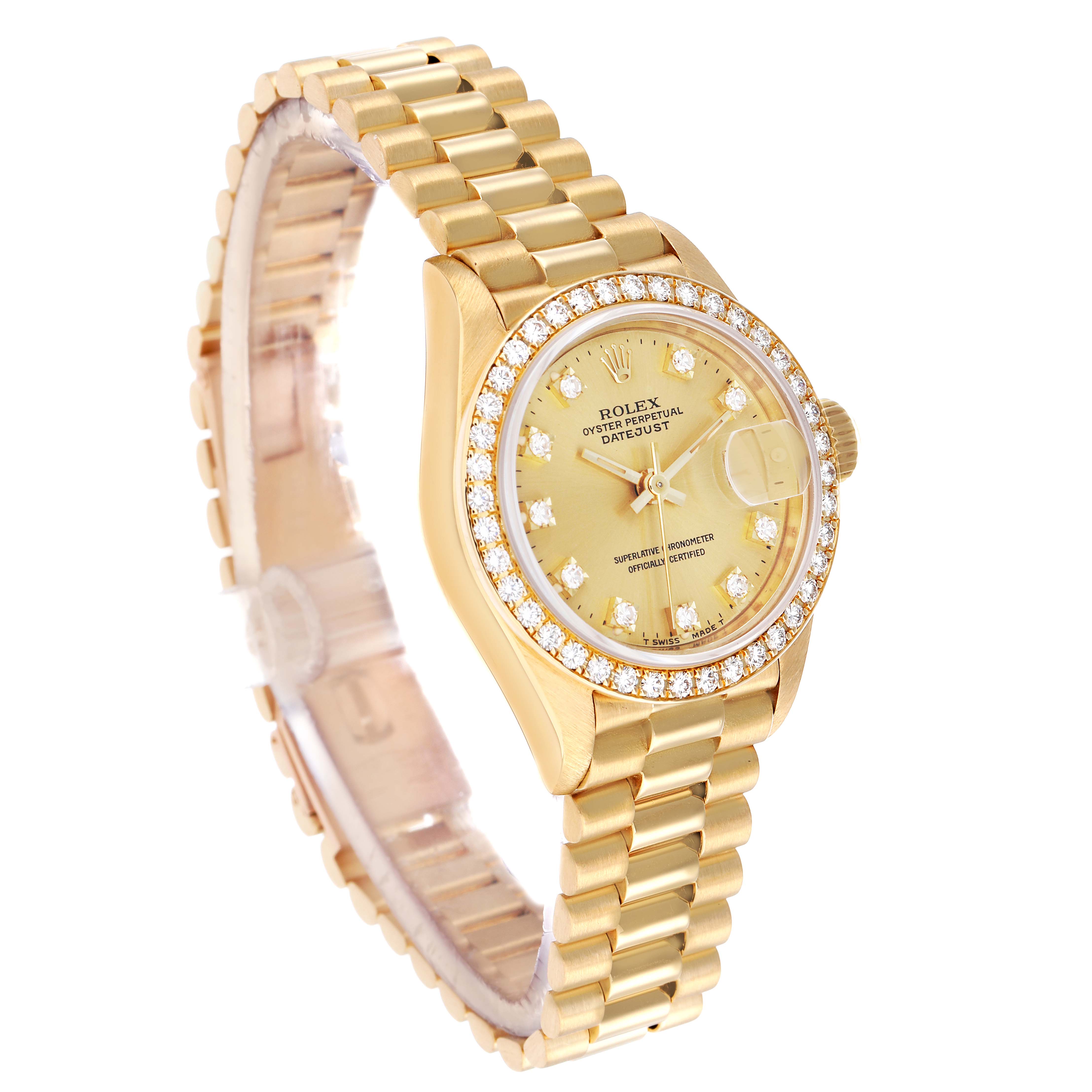 The Rolex President 69138 Women's Yellow Gold Champagne Dial model is shown at a three-quarter angle, highlighting the bracelet, dial, bezel, and crown.