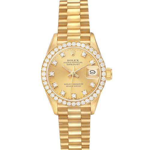 The Rolex President 69138 Women's Yellow Gold Champagne Dial model is shown from a top view, displaying its gold dial, diamond hour markers, and the signature bracelet.