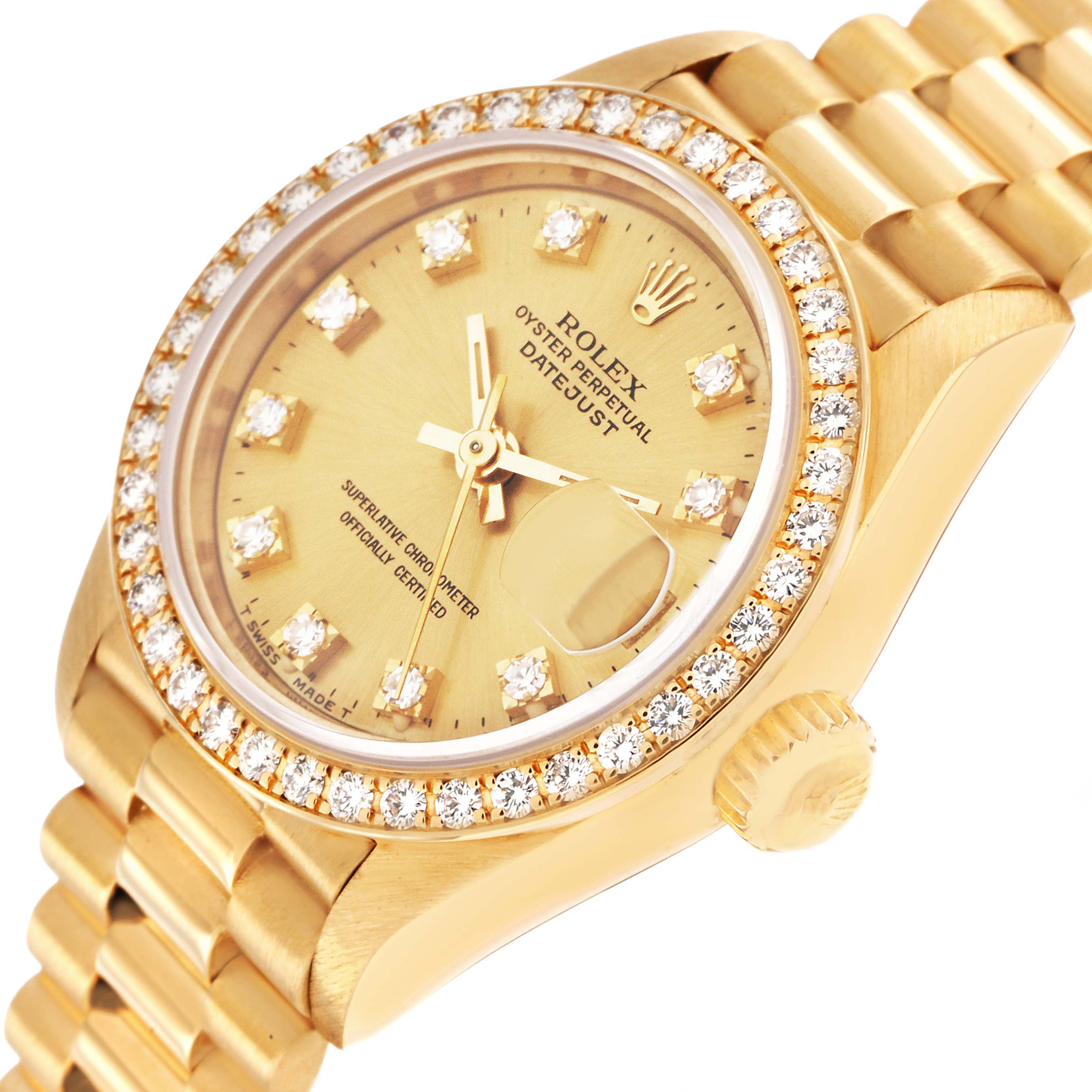The Rolex President 69138 Women's Yellow Gold Champagne Dial model is shown at an angle highlighting the dial, diamond bezel, and partially visible bracelet.