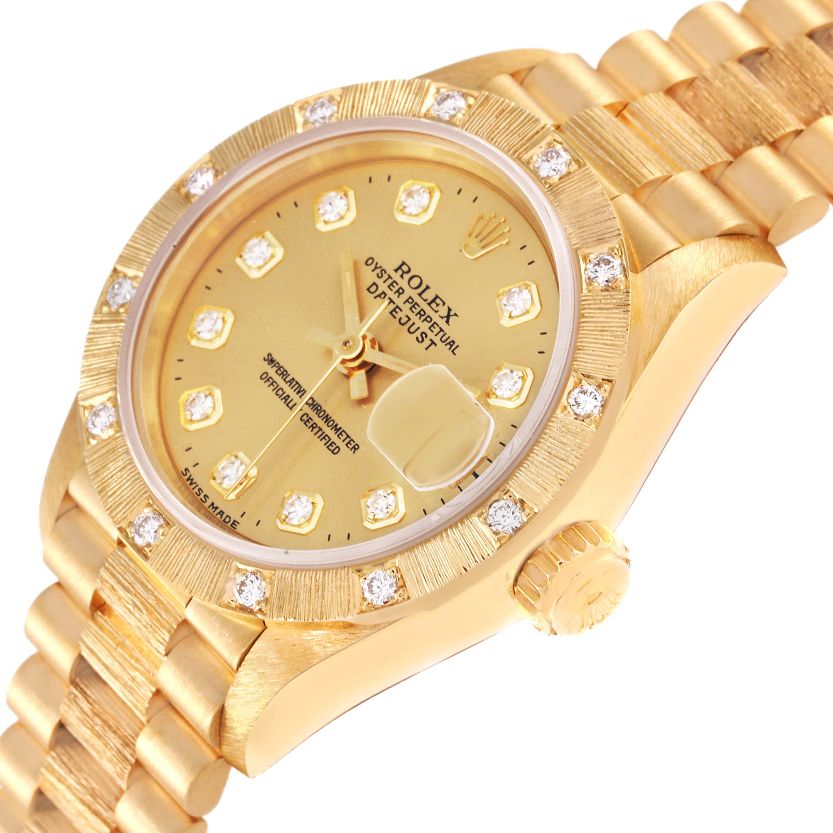 The image shows a close-up angle of the Rolex President 69288 Women
s Yellow Gold Champagne Dial 69288 Women
s Yellow Gold Champagne Dial model watch, highlighting its dial, bezel, and part of the bracelet.