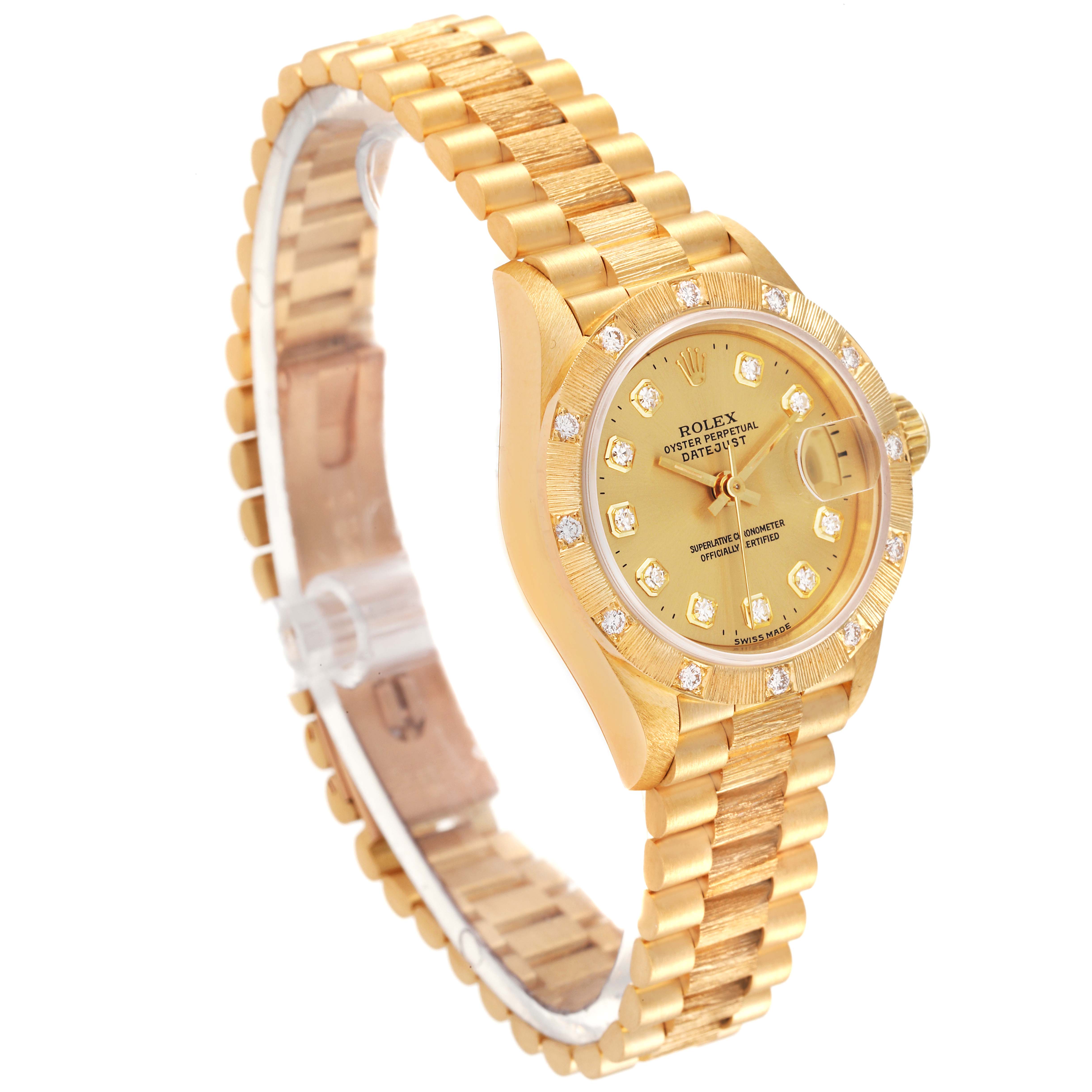 The Rolex President 69288 Women
s Yellow Gold Champagne Dial 69288 Women
s Yellow Gold Champagne Dial model watch is shown at a slight angle displaying the bracelet, case, dial, and bezel.