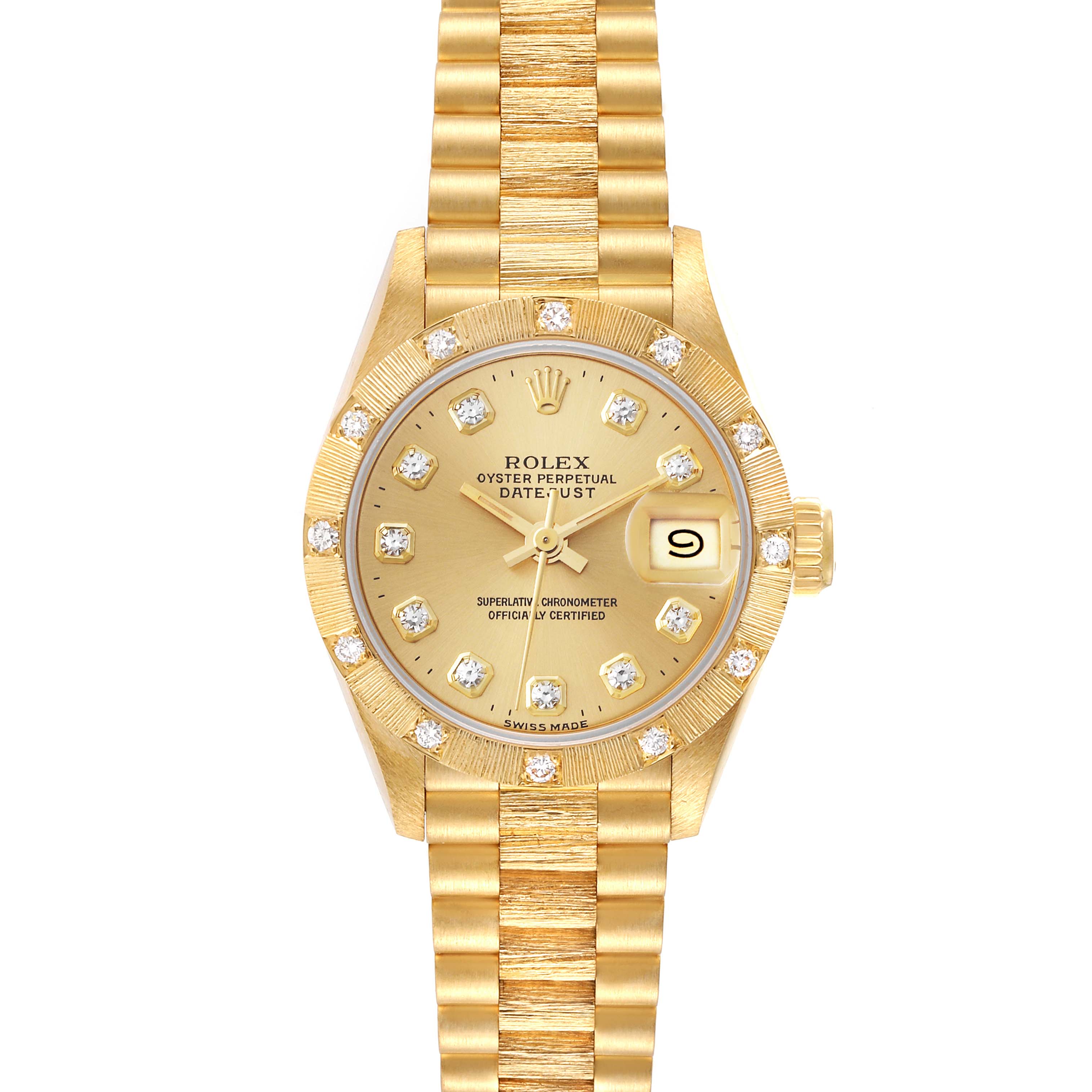 This image shows a front view of a Rolex President 69288 Women
s Yellow Gold Champagne Dial 69288 Women
s Yellow Gold Champagne Dial model watch, highlighting its gold dial, diamond markers, and date window.