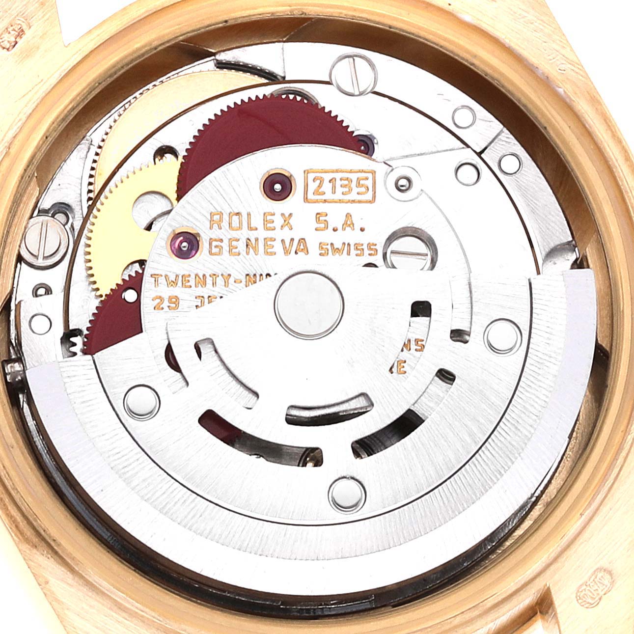 The image shows the inner movement mechanism of a Rolex President 69288 Women
s Yellow Gold Champagne Dial 69288 Women
s Yellow Gold Champagne Dial model watch from the back angle.