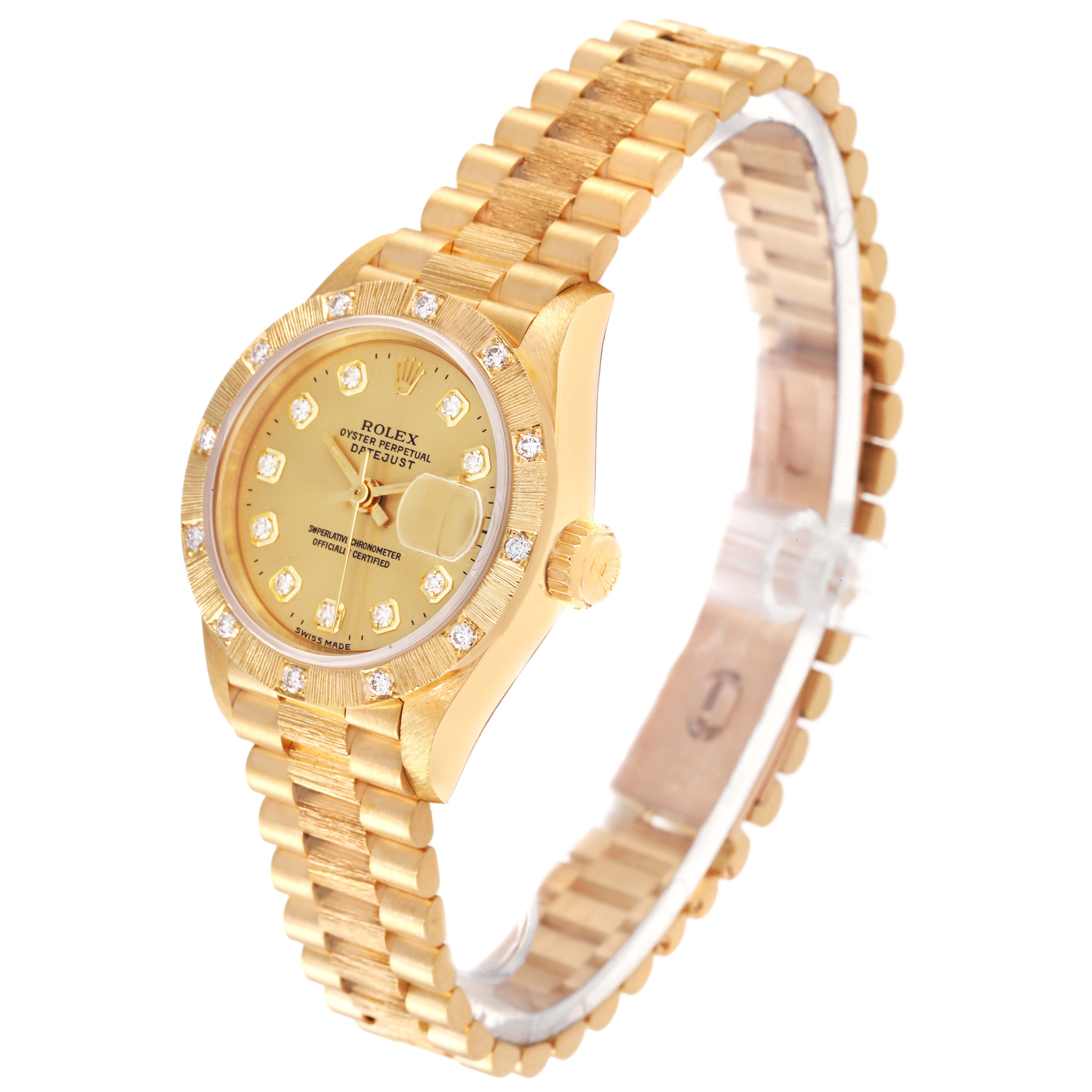 The Rolex President 69288 Women
s Yellow Gold Champagne Dial 69288 Women
s Yellow Gold Champagne Dial model watch is shown from a three-quarter angle, highlighting the gold bracelet, bezel, dial, and crown.