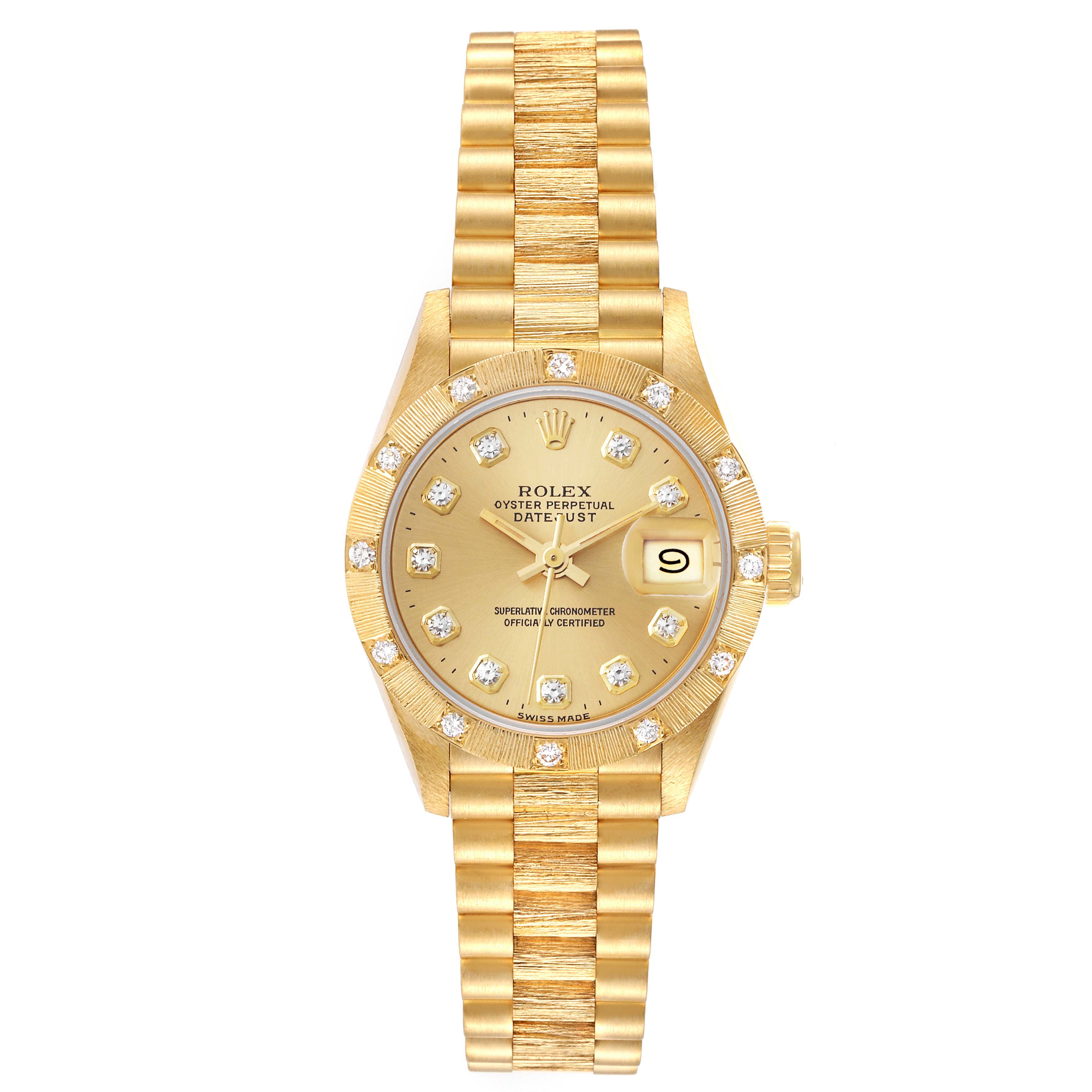 The image shows a Rolex President 69288 Women
s Yellow Gold Champagne Dial 69288 Women
s Yellow Gold Champagne Dial watch from a front angle, displaying its dial, bezel, and bracelet.