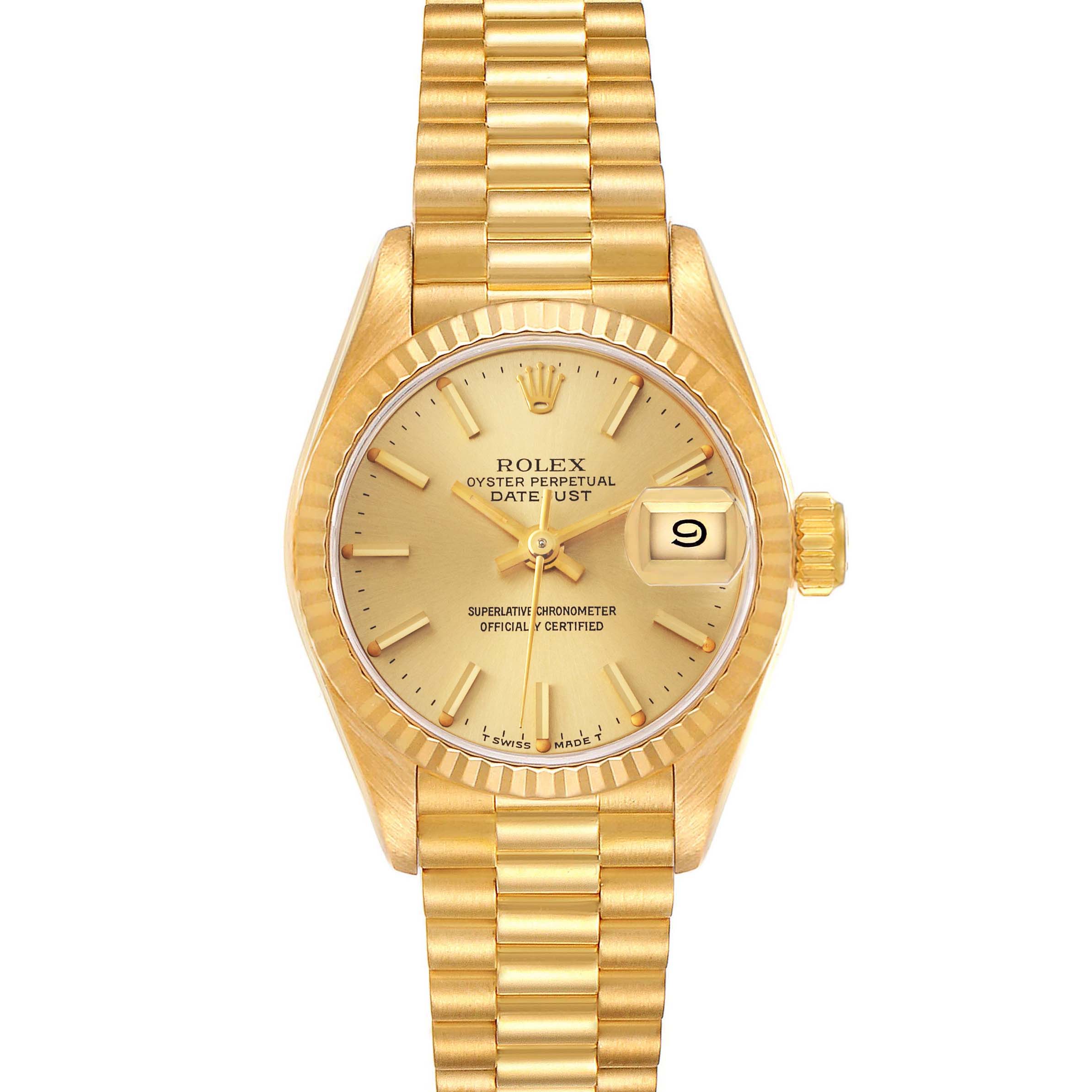 This is a frontal view of a Rolex President 69178 Women
s Yellow Gold Champagne Dial 69178 Women
s Yellow Gold Champagne Dial model watch, showing the dial, bezel, hands, and part of the bracelet.