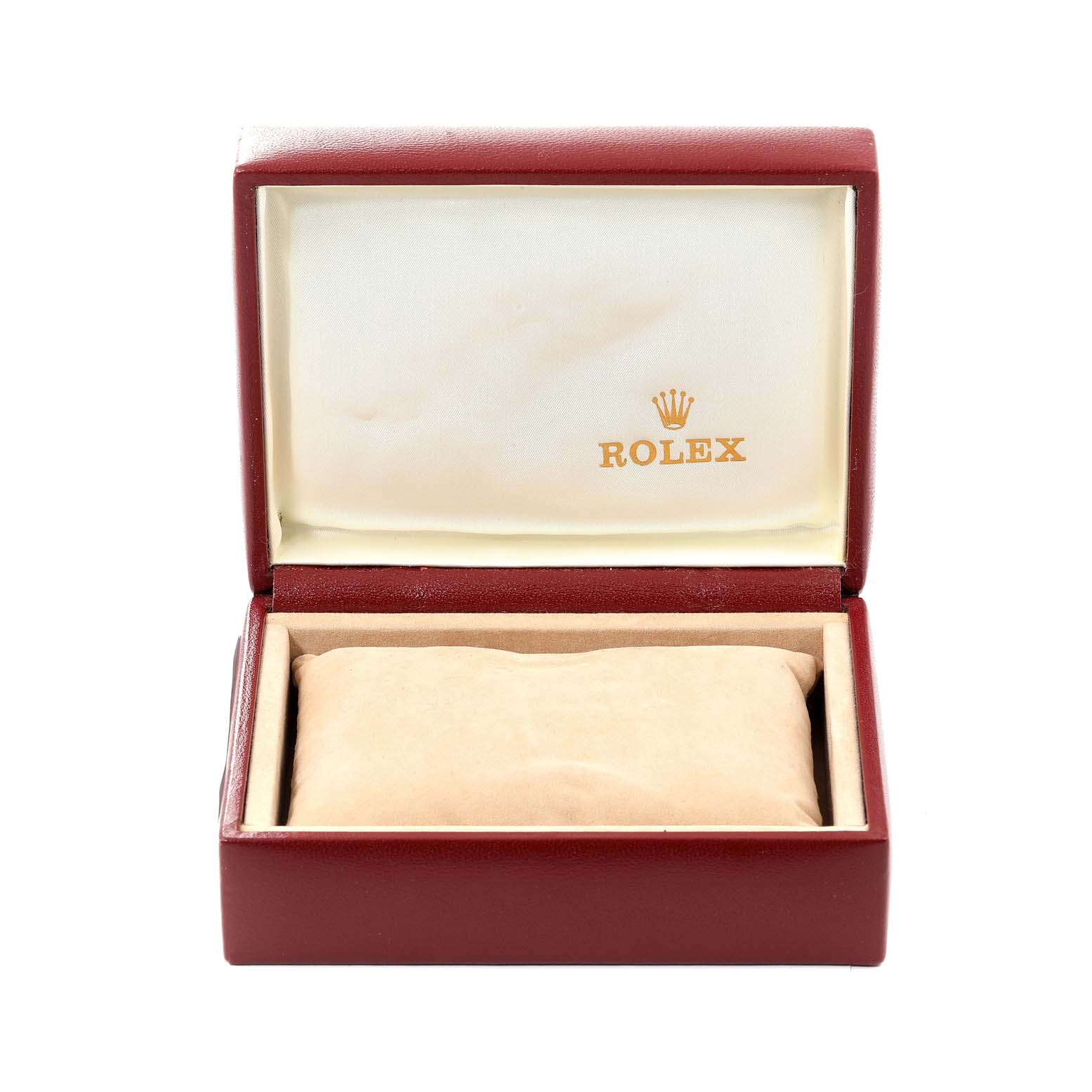 The image shows an open display box for a Rolex President 69178 Women
s Yellow Gold Champagne Dial 69178 Women
s Yellow Gold Champagne Dial model, containing a cushion inside.