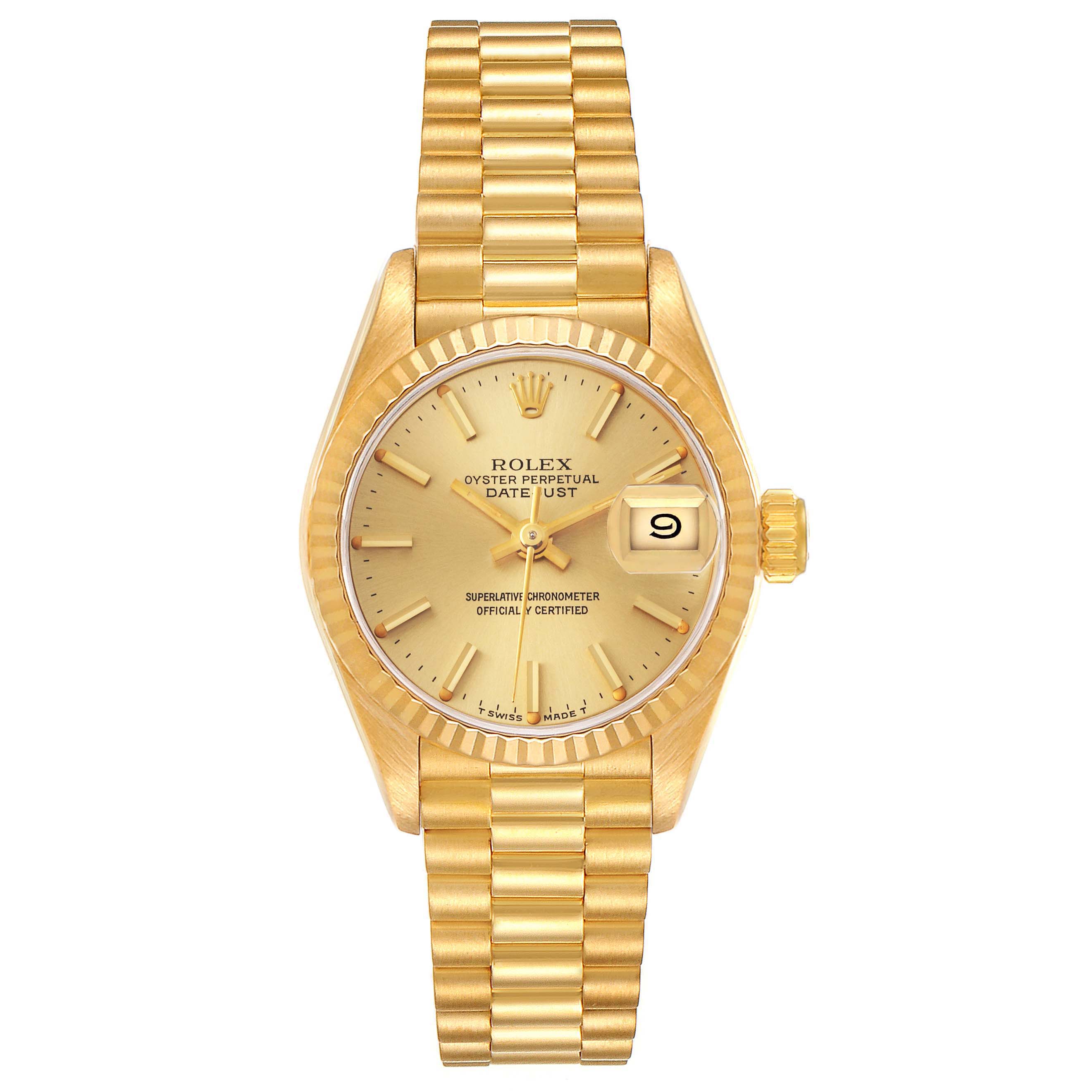 This image shows the Rolex President 69178 Women
s Yellow Gold Champagne Dial 69178 Women
s Yellow Gold Champagne Dial model watch from a top view, highlighting the dial, bezel, bracelet, and date feature.