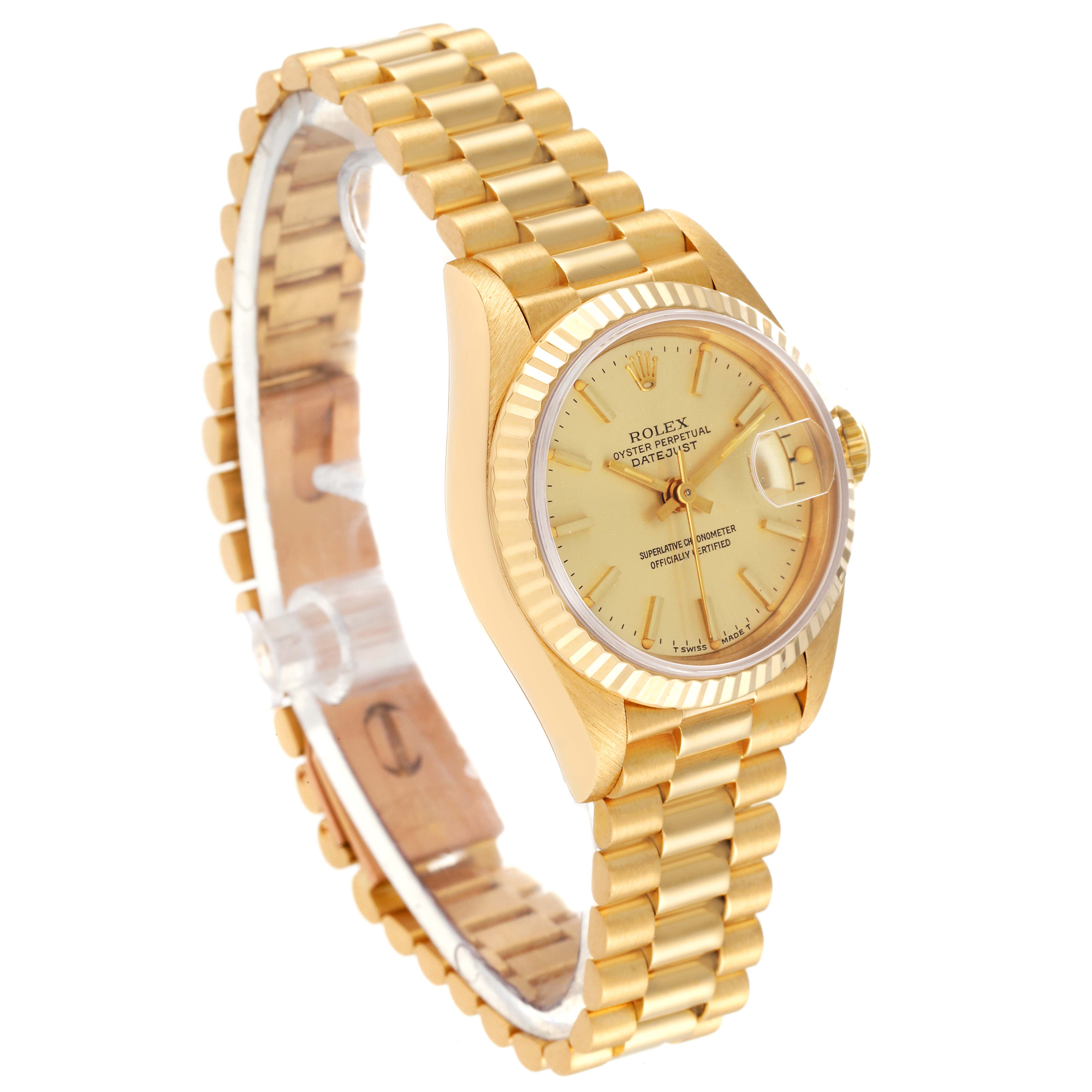 This image shows a Rolex President 69178 Women
s Yellow Gold Champagne Dial 69178 Women
s Yellow Gold Champagne Dial model watch at an angled view, highlighting its gold bracelet, case, and dial.