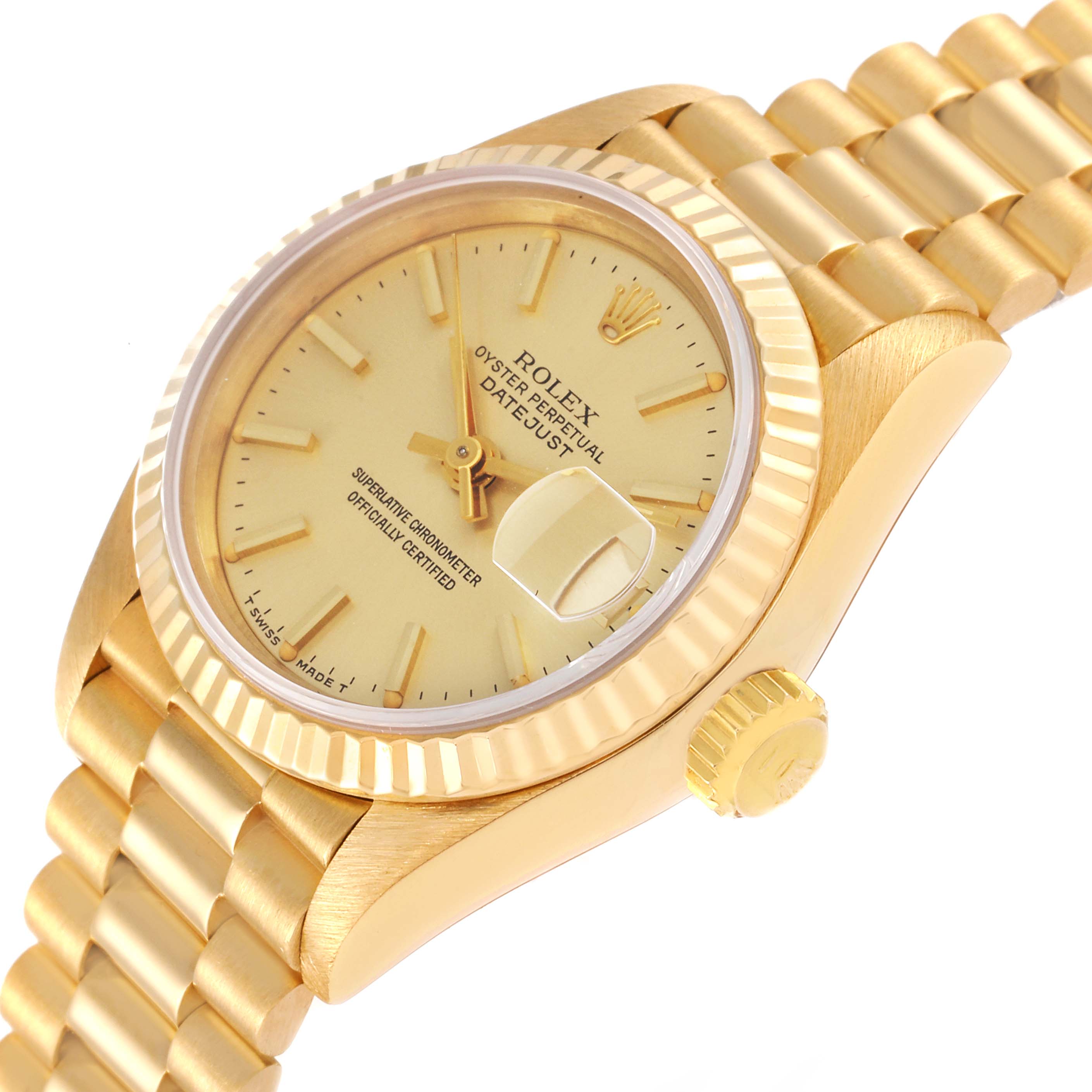 The Rolex President 69178 Women
s Yellow Gold Champagne Dial 69178 Women
s Yellow Gold Champagne Dial model watch is shown at a side angle highlighting its gold case, fluted bezel, dial, and president bracelet.