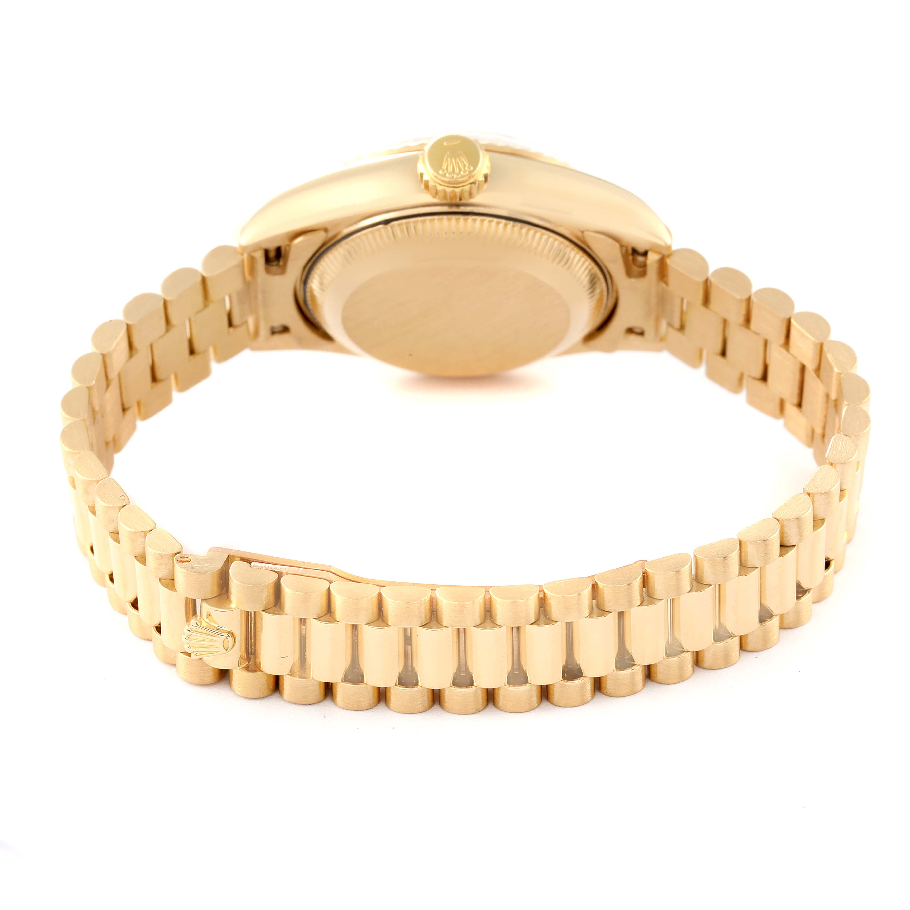 The image shows the back and bracelet of a Rolex President 69178 Women
s Yellow Gold Champagne Dial 69178 Women
s Yellow Gold Champagne Dial model watch, with the case back and clasp visible.