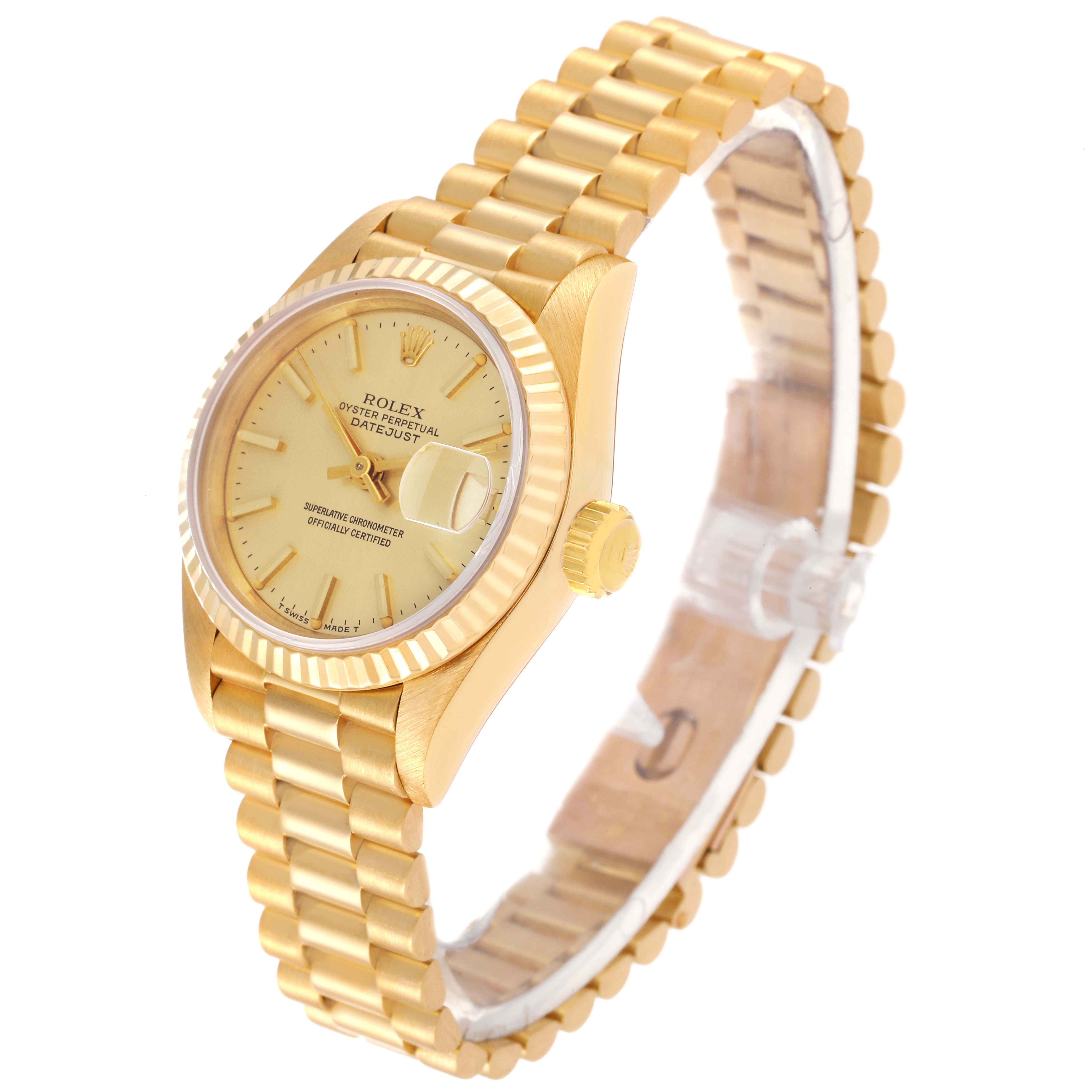 The image shows a Rolex President 69178 Women
s Yellow Gold Champagne Dial 69178 Women
s Yellow Gold Champagne Dial model watch at an angled view displaying the face, bezel, crown, and bracelet.