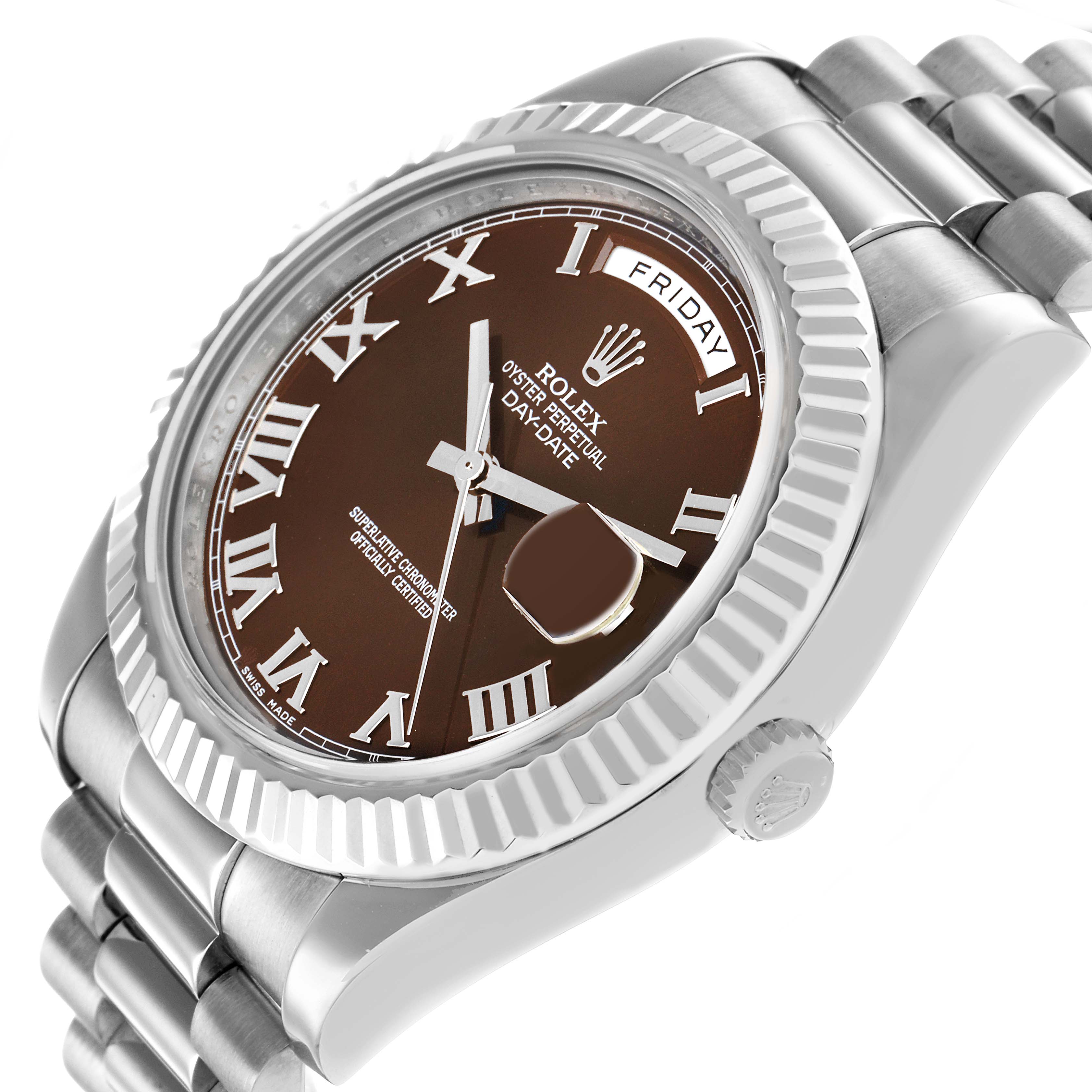 The Rolex President 218239 Men's White Gold Brown Dial model watch is shown at an angled view highlighting the dial, bezel, crown, and part of the bracelet.