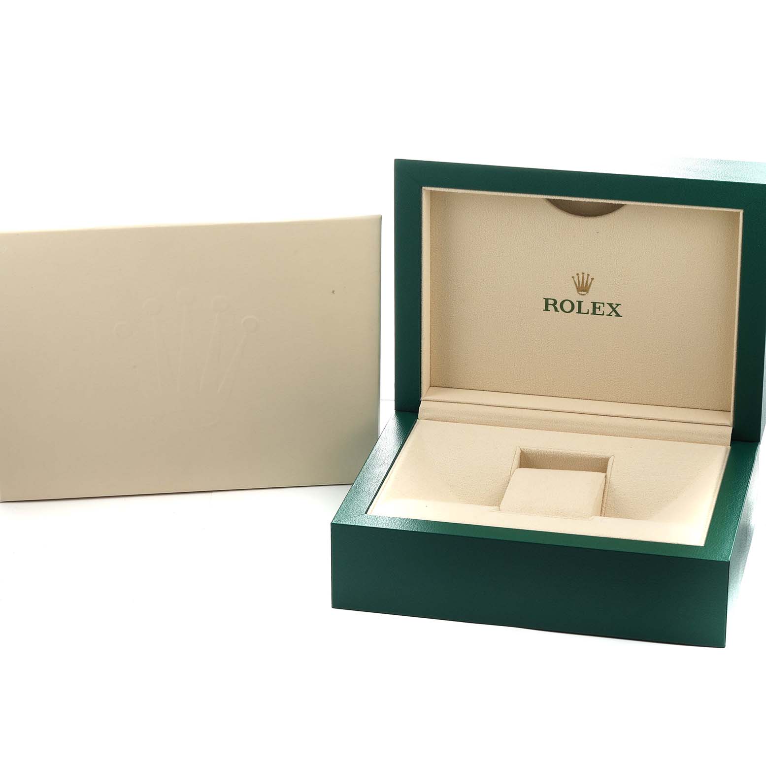 The image shows an empty Rolex President 218239 Men's White Gold Brown Dial watch box with an insert and outer sleeve, viewed from the front.