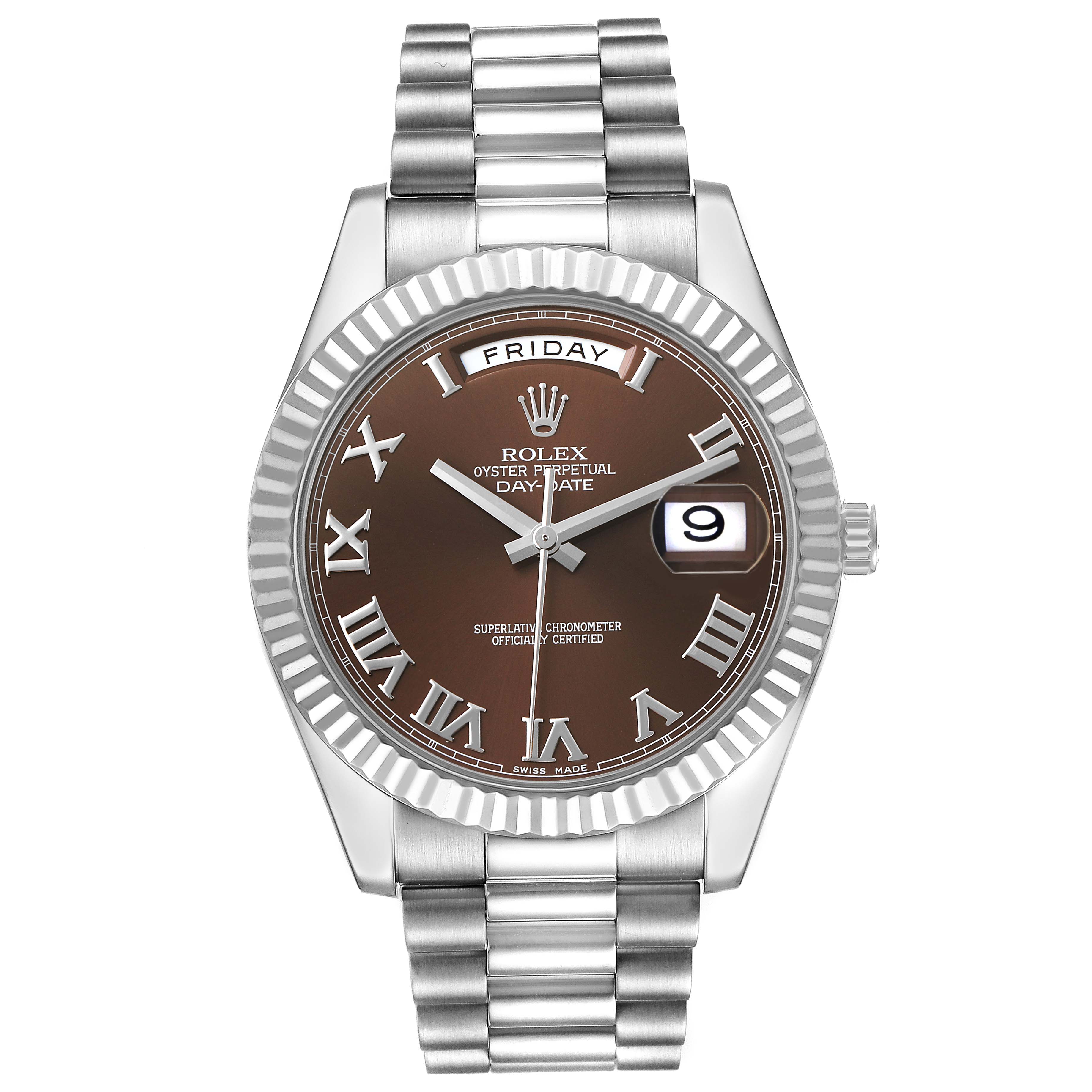 The Rolex President 218239 Men's White Gold Brown Dial model is shown from the front, highlighting the dial, bezel, bracelet, and crown.