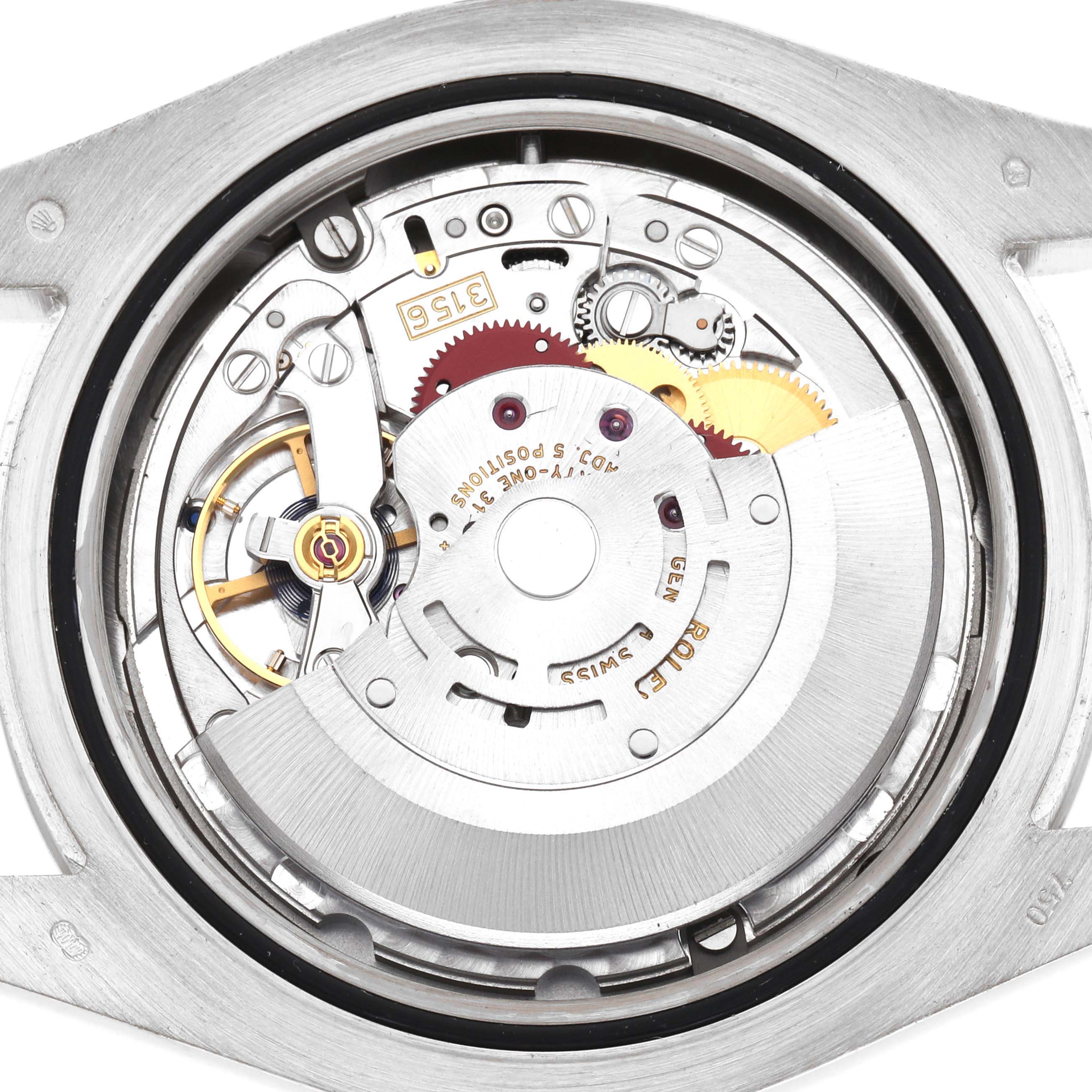 The image shows the inner mechanical movement of the Rolex President 218239 Men's White Gold Brown Dial model watch from a top-down angle.