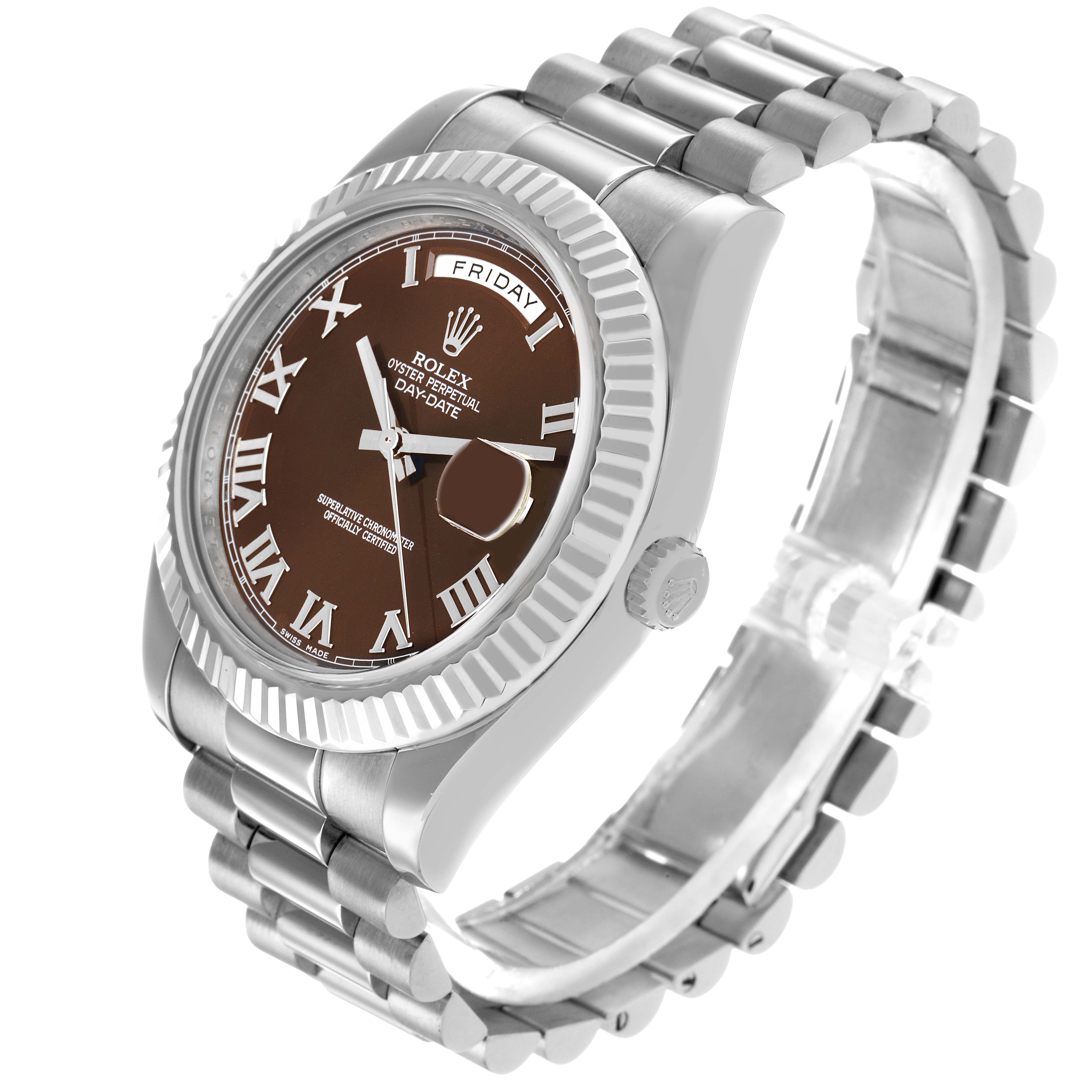 The President model by Rolex is shown at a three-quarter angle, highlighting the dial, bezel, and bracelet.