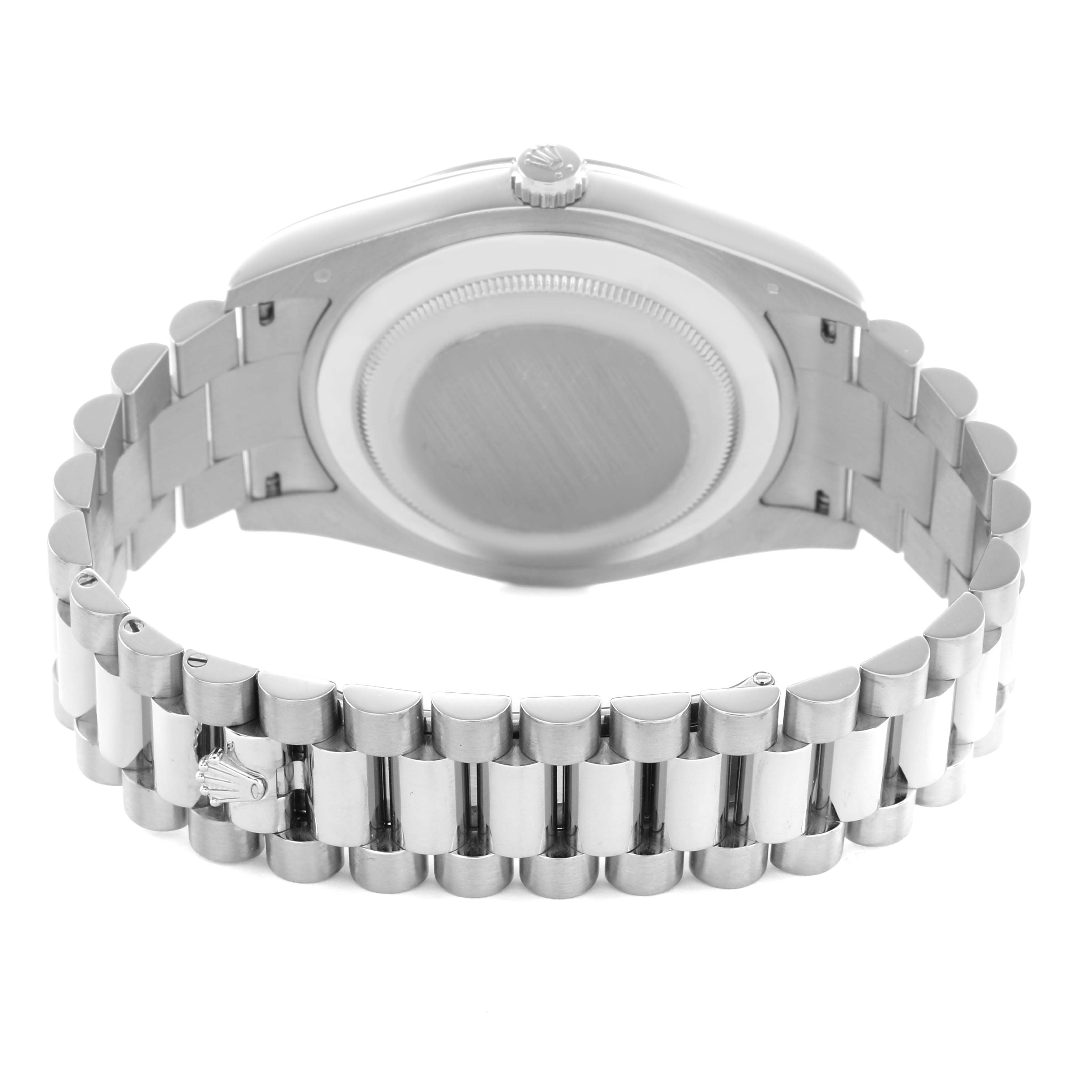 The image shows the back of a Rolex President 218239 Men's White Gold Brown Dial model, highlighting the bracelet and case back.