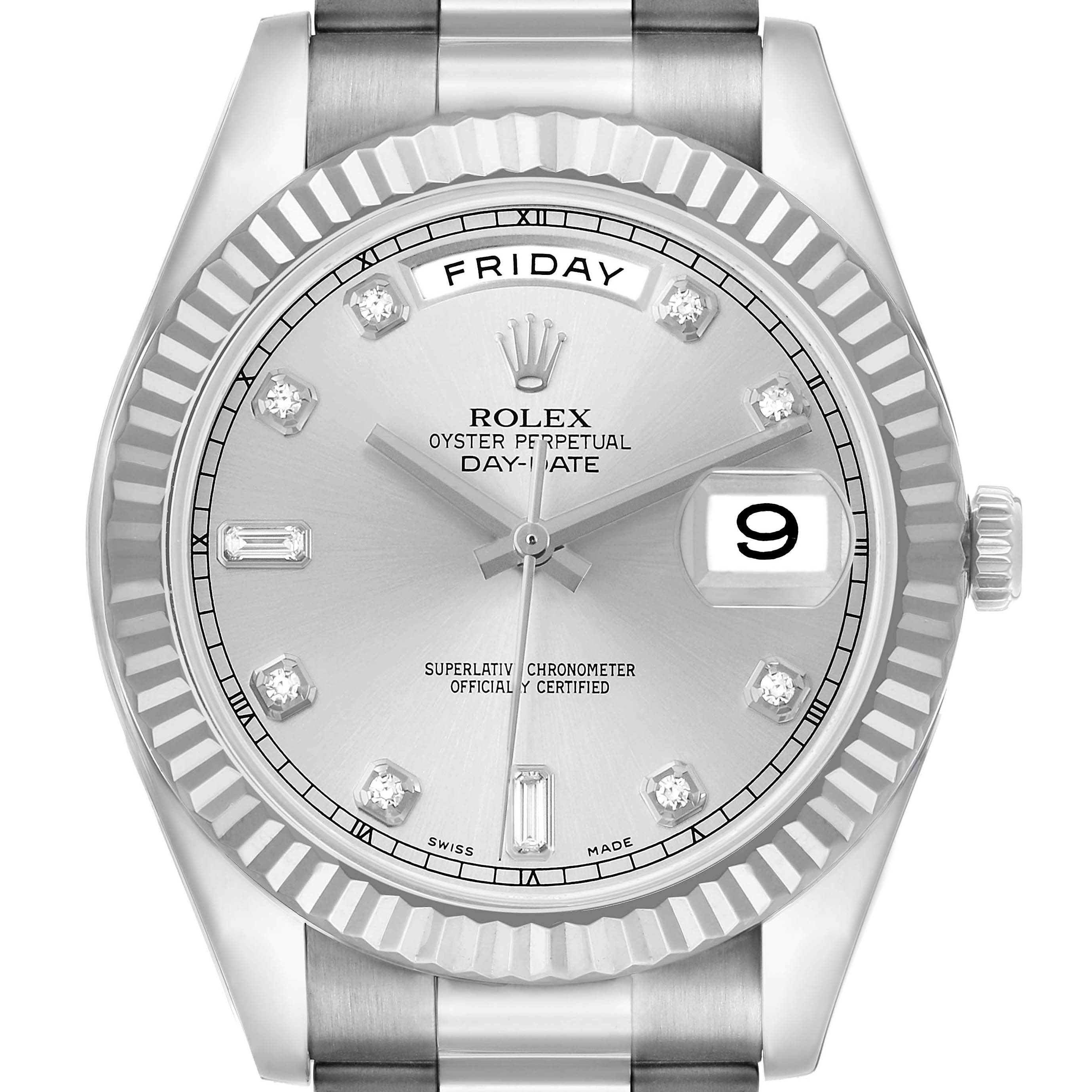 The Rolex President 218239 Men's White Gold Silver Dial model is shown from the front, highlighting its silver dial, day-date display, fluted bezel, and bracelet.