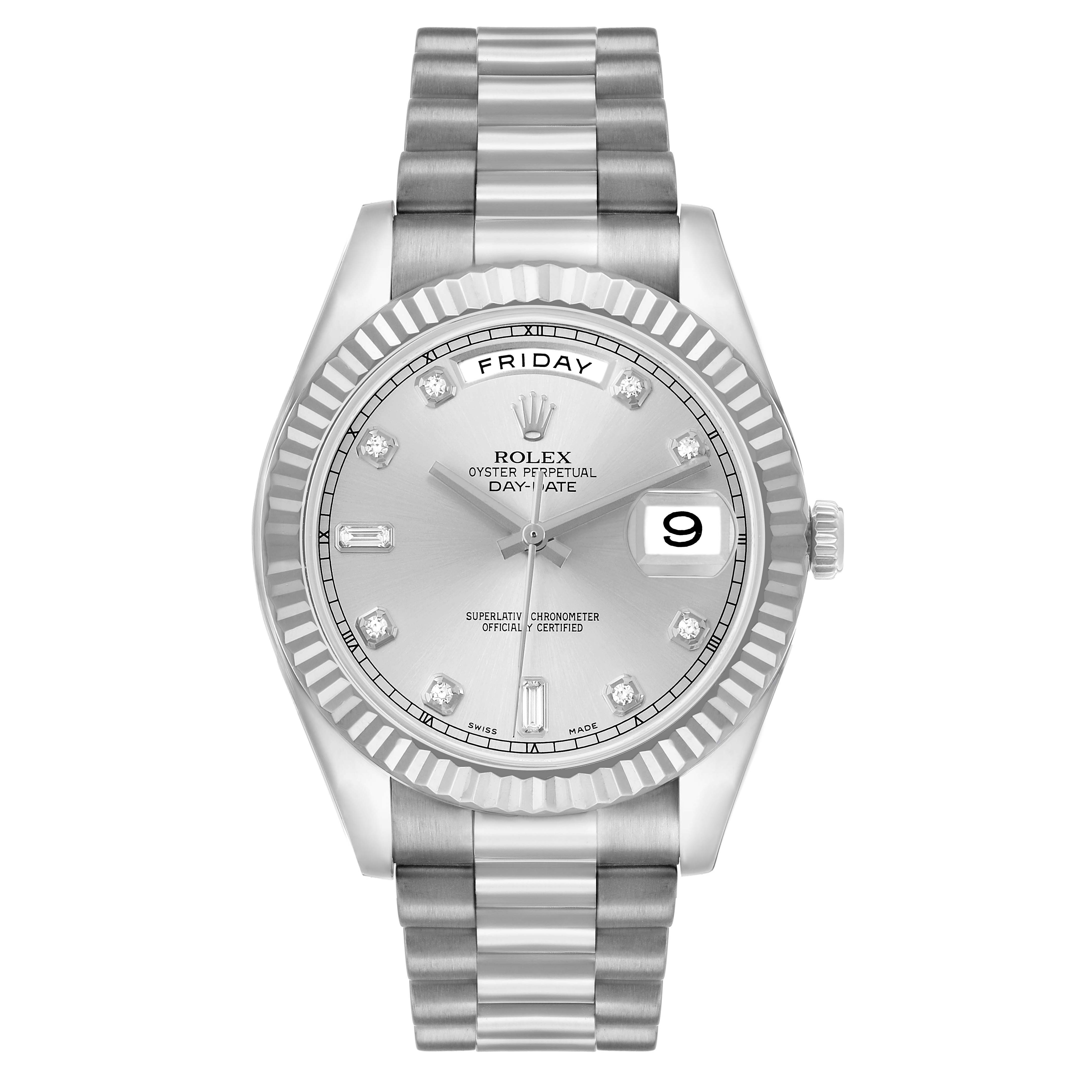 The Rolex President 218239 Men's White Gold Silver Dial model is shown from a top-down view, highlighting the dial, bezel, and bracelet.
