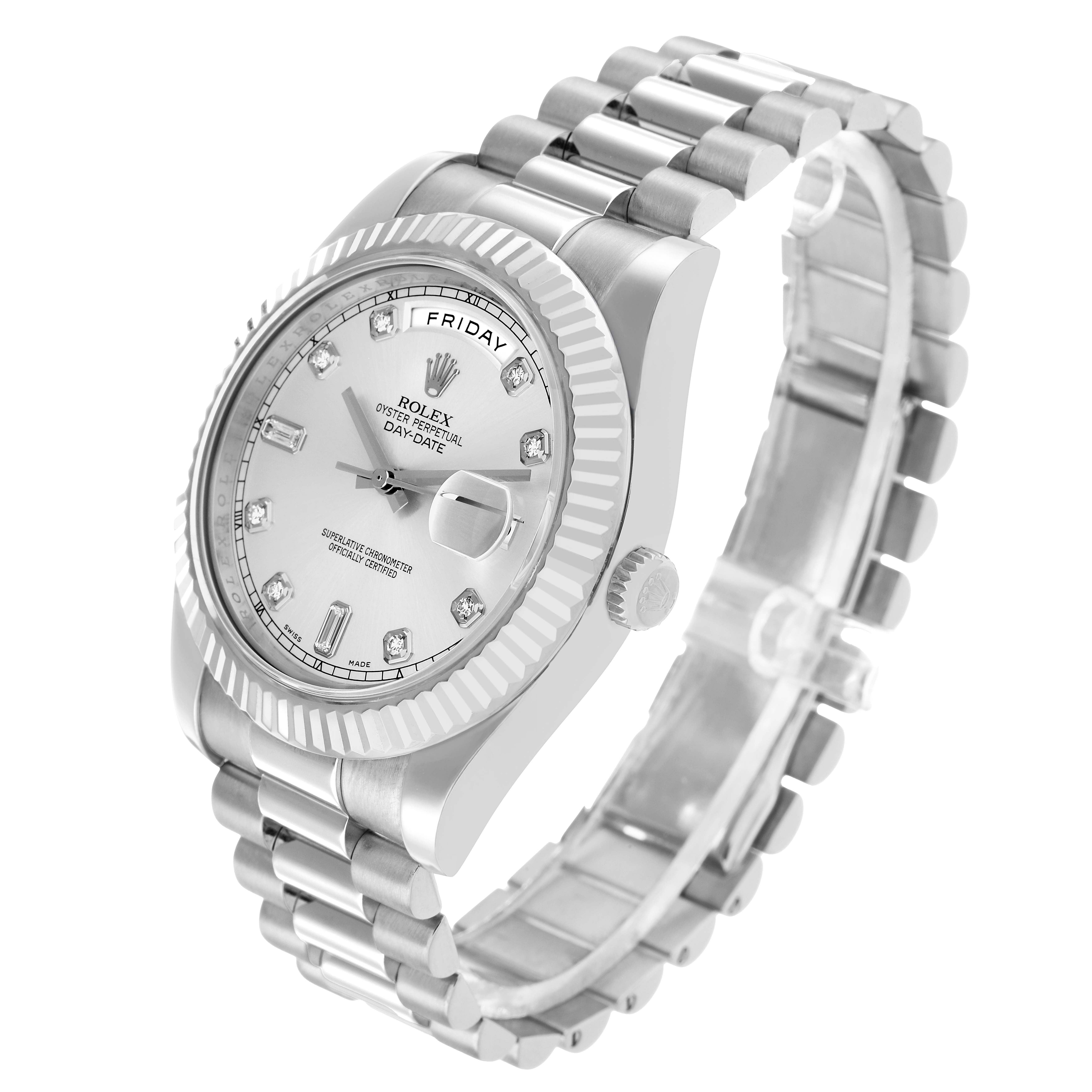 The Rolex President 218239 Men's White Gold Silver Dial model is shown at a three-quarter angle, highlighting the watch face, bezel, and bracelet.