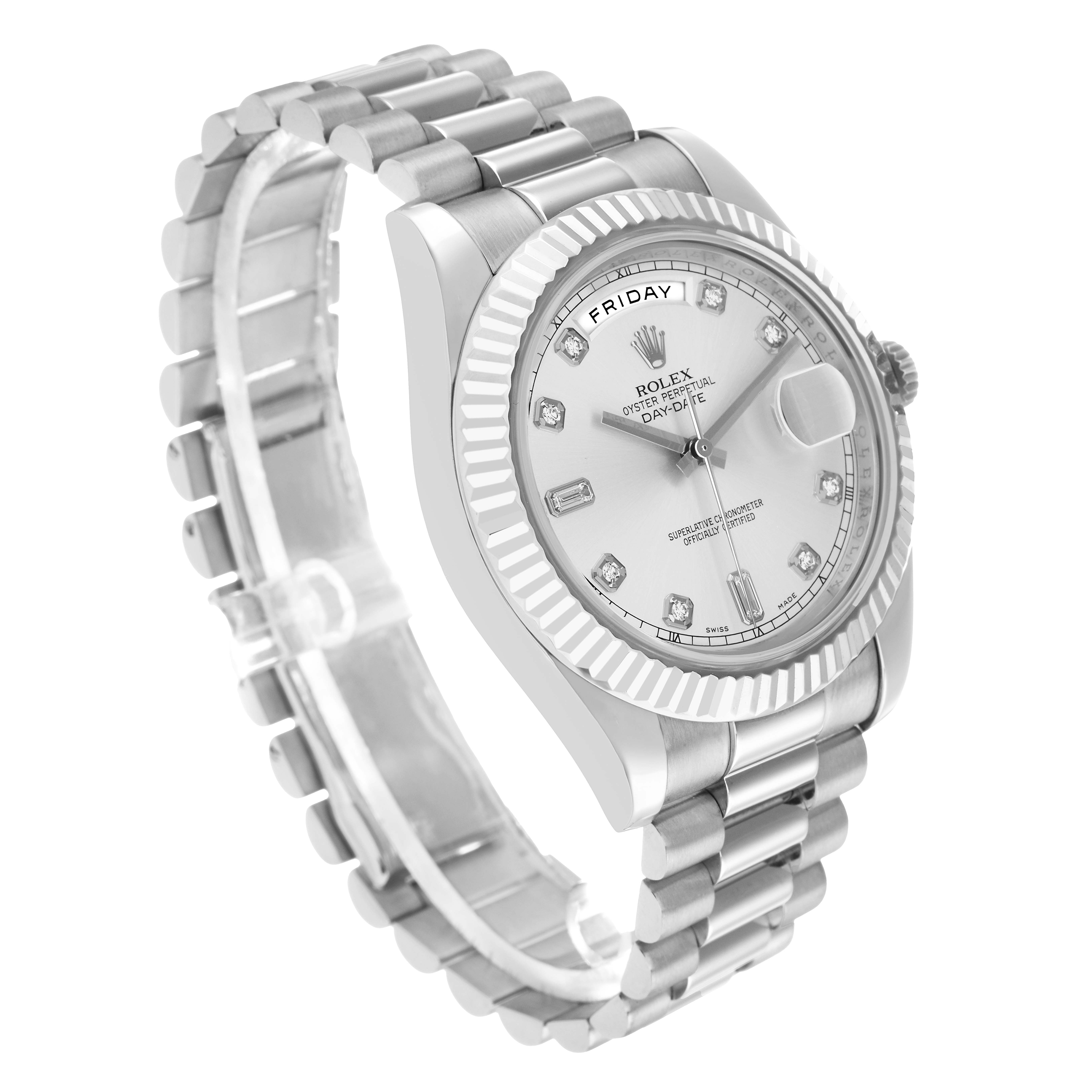 The Rolex President 218239 Men's White Gold Silver Dial watch is shown at a three-quarter angle, displaying the face, fluted bezel, and distinctive bracelet links.