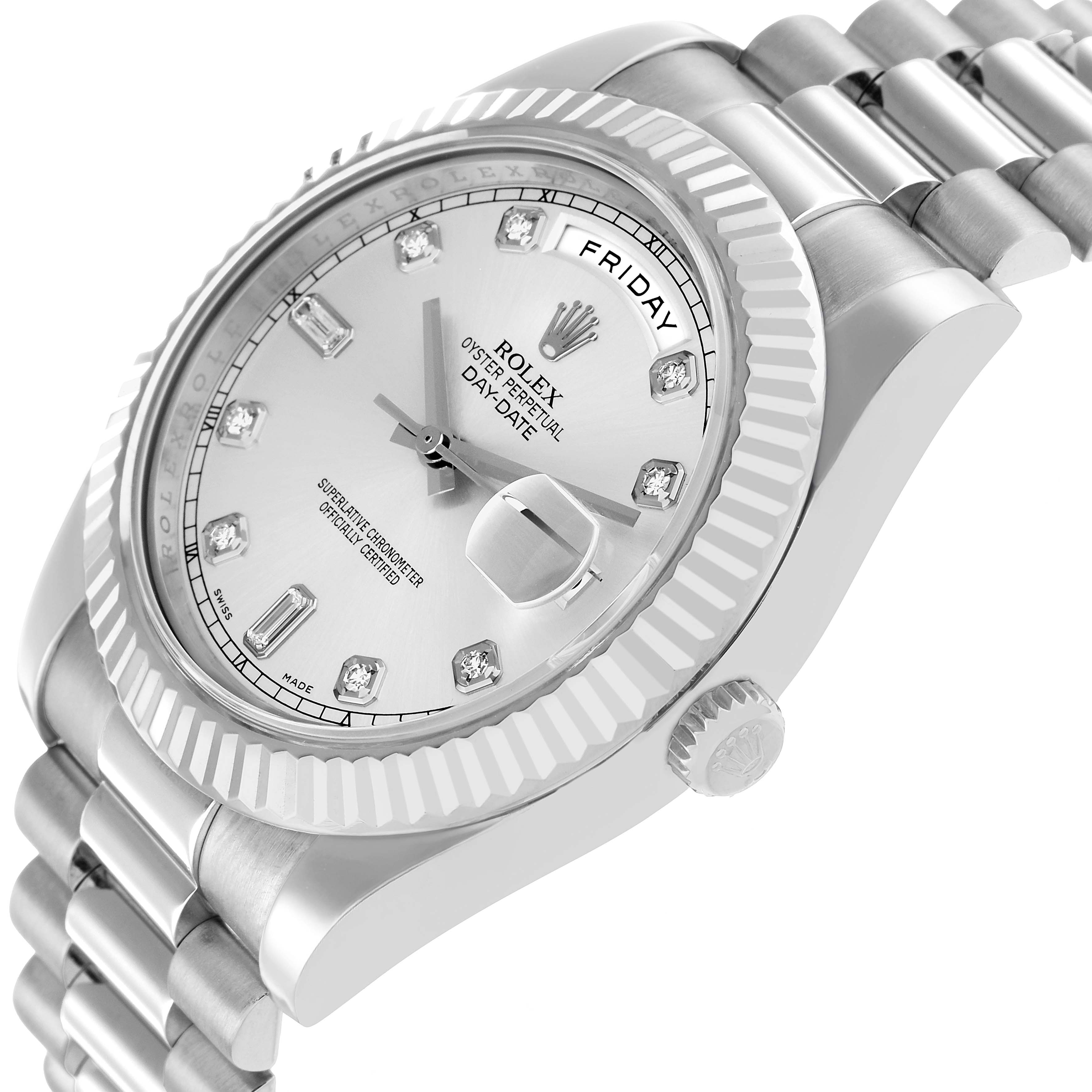 The Rolex President 218239 Men's White Gold Silver Dial model is angled to show the face, fluted bezel, crown, and part of the bracelet.