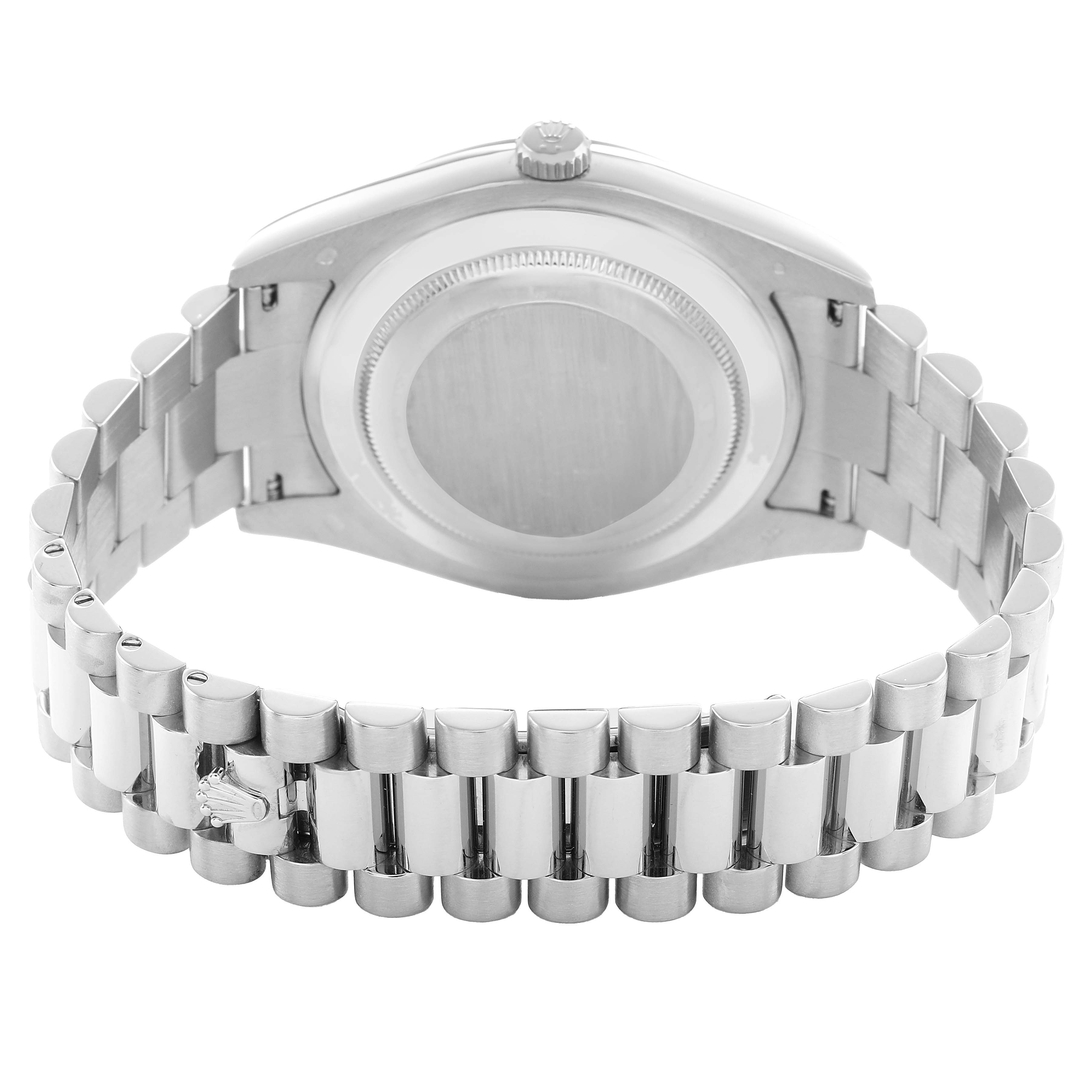 The image shows the back view of a Rolex President 218239 Men's White Gold Silver Dial model, highlighting the case back, crown, and bracelet links.