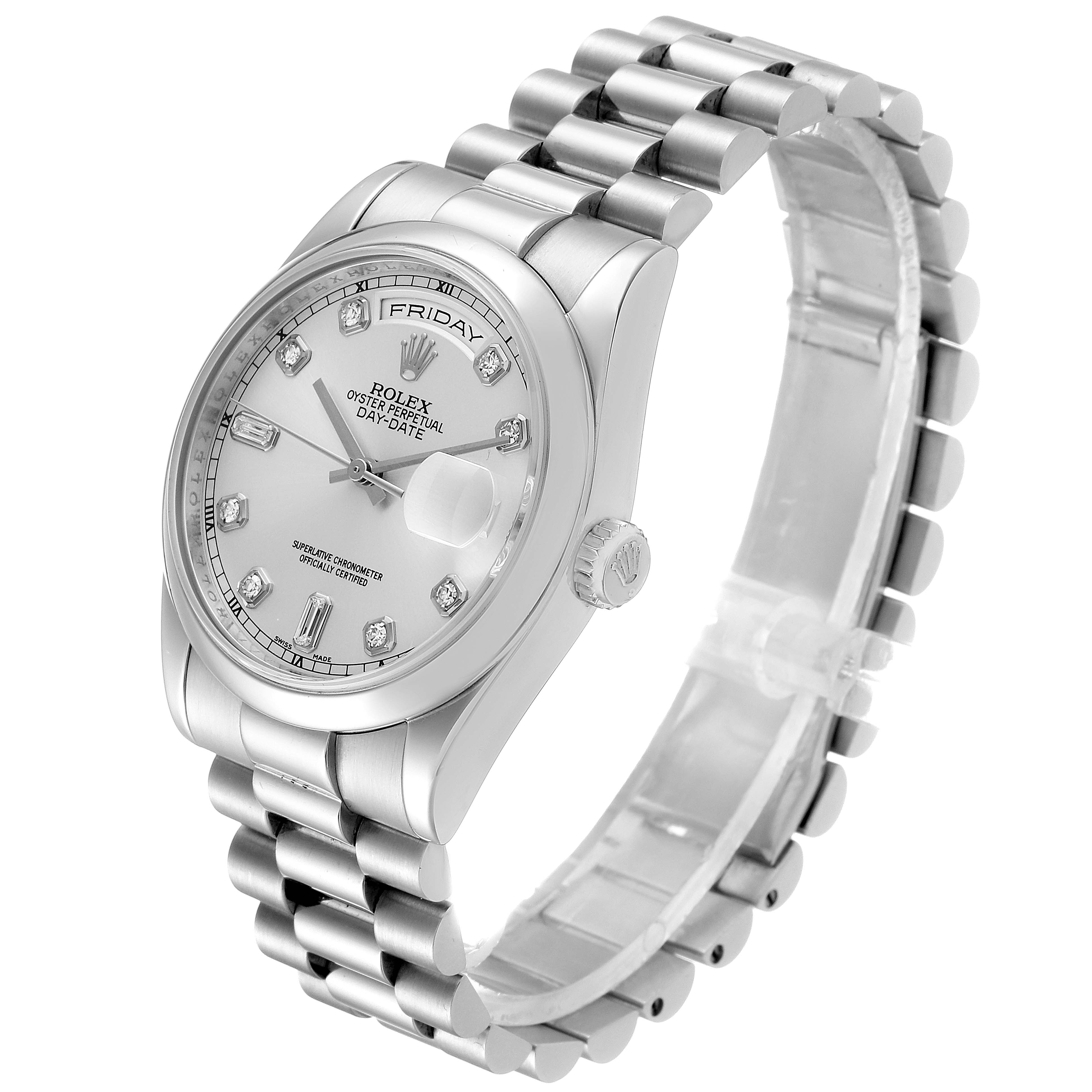 The image shows a Rolex President 118206 Men's Platinum Silver Dial 118206 Men's Platinum Silver Dial model watch at a three-quarter angle, highlighting the face, bracelet, and crown.