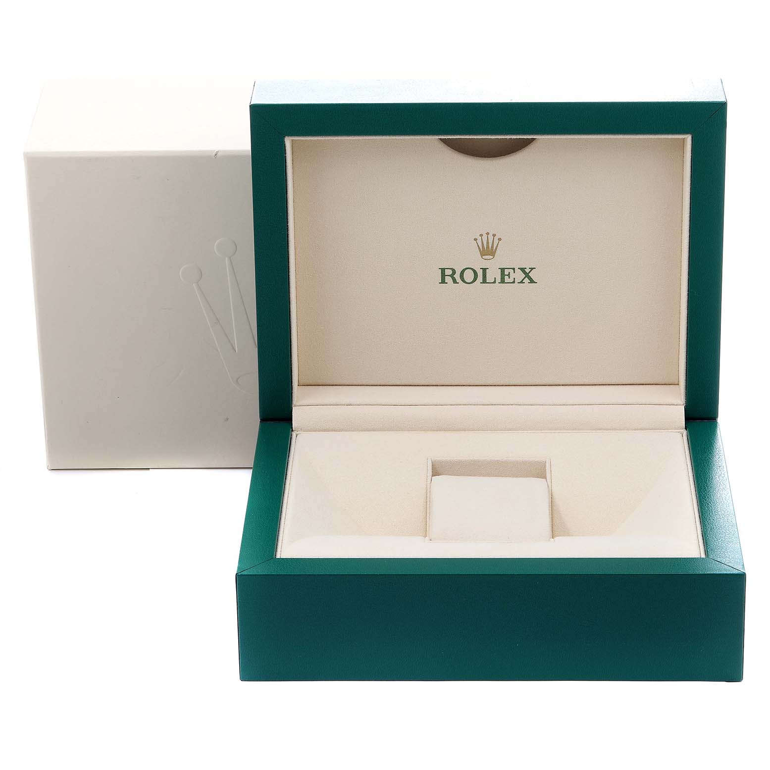 The image shows an open Rolex watch box, designed for the President model, with the Rolex logo inside the lid.