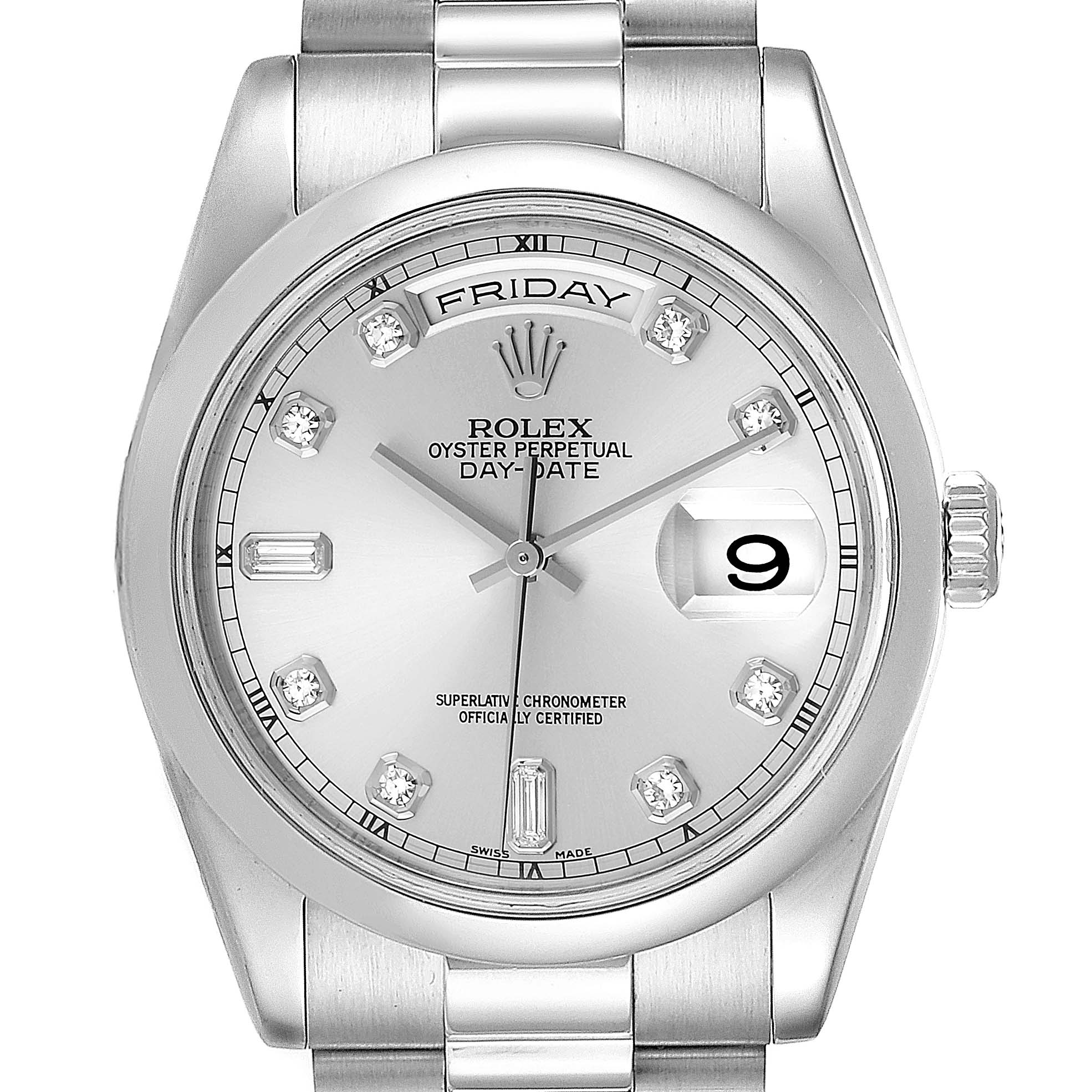 This image shows a front view of the Rolex President 118206 Men's Platinum Silver Dial 118206 Men's Platinum Silver Dial Oyster Perpetual Day-Date watch, highlighting its dial, markers, and bracelet.