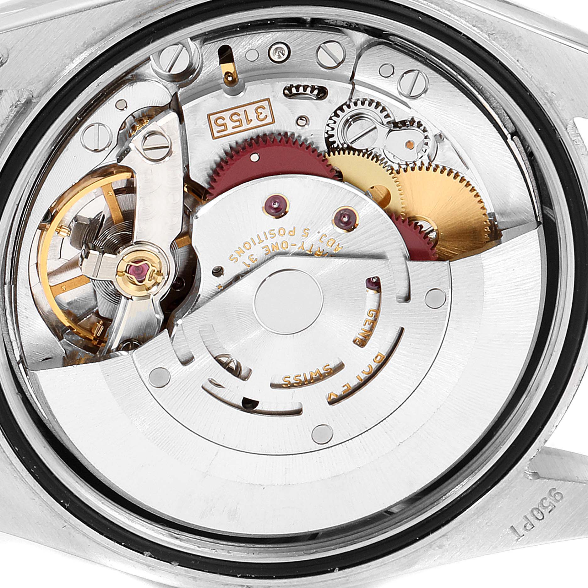 The image shows a close-up view of the movement and internal mechanics of a Rolex President 118206 Men's Platinum Silver Dial 118206 Men's Platinum Silver Dial model watch.
