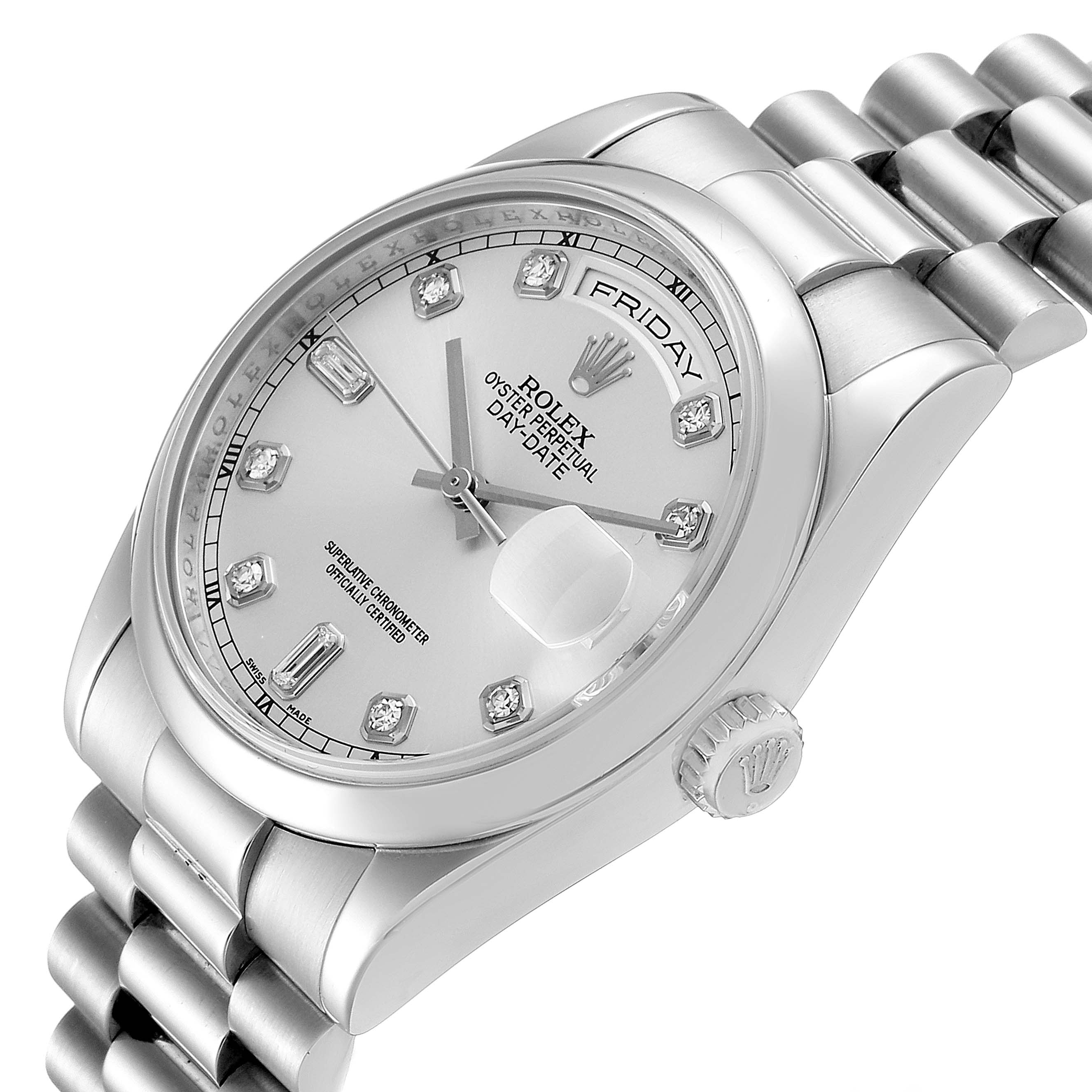 This image shows a close-up angled view of the Rolex President 118206 Men's Platinum Silver Dial 118206 Men's Platinum Silver Dial model watch, highlighting the face, bezel, and part of the bracelet.