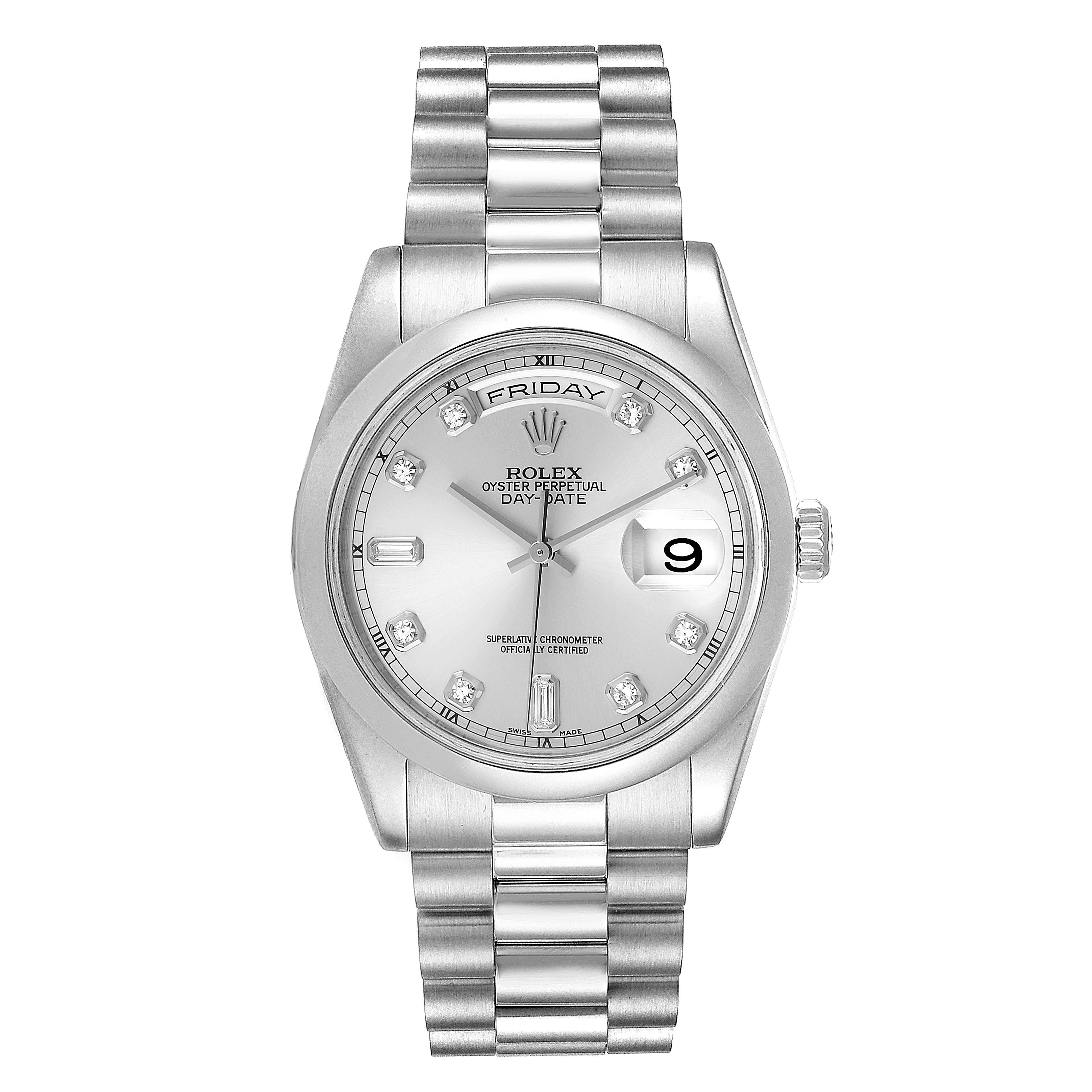 This image shows a Rolex President 118206 Men's Platinum Silver Dial 118206 Men's Platinum Silver Dial model watch from a front view, highlighting its dial, bracelet, and date display.