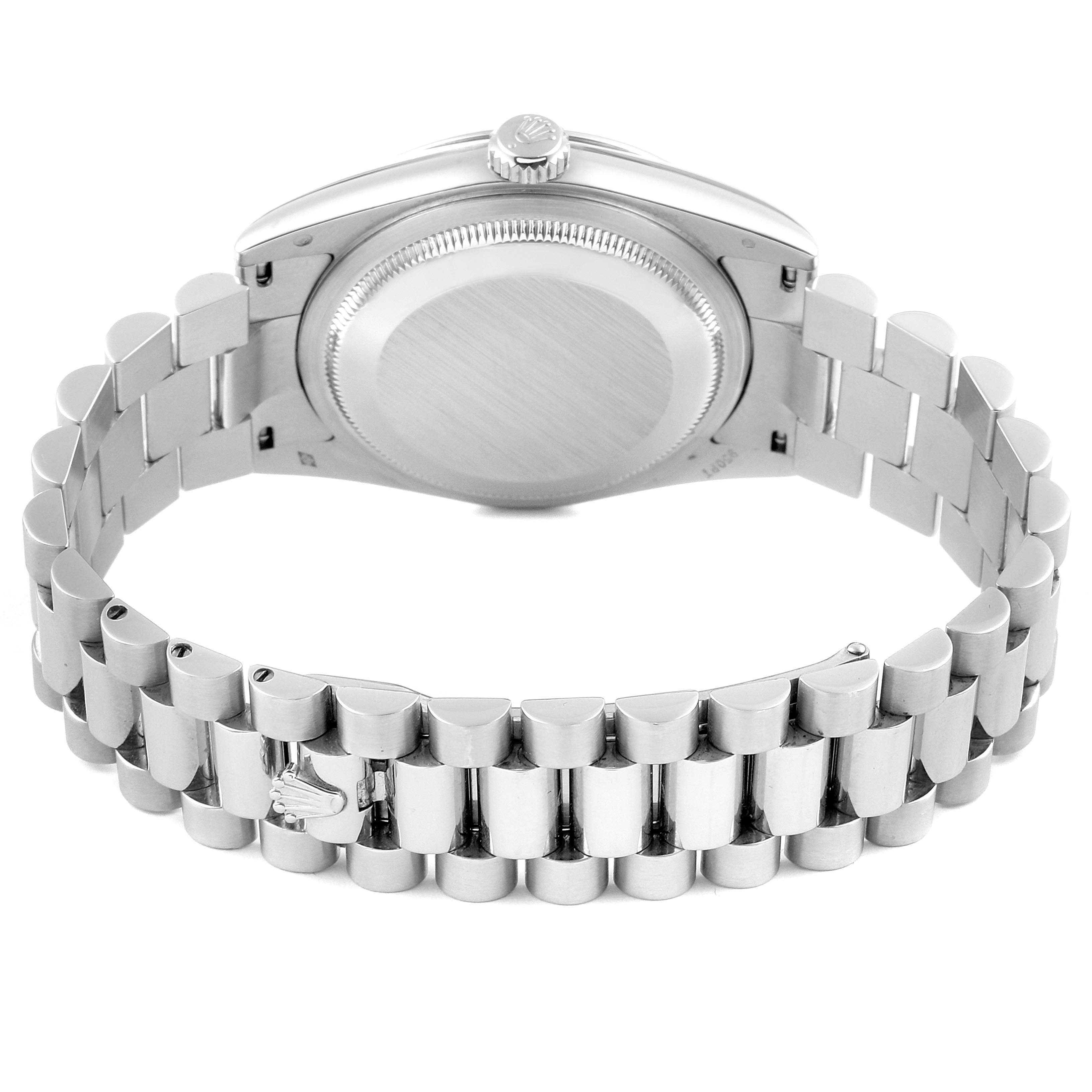 This shows the back view of the Rolex President 118206 Men's Platinum Silver Dial 118206 Men's Platinum Silver Dial model watch, displaying the case back and the full bracelet.