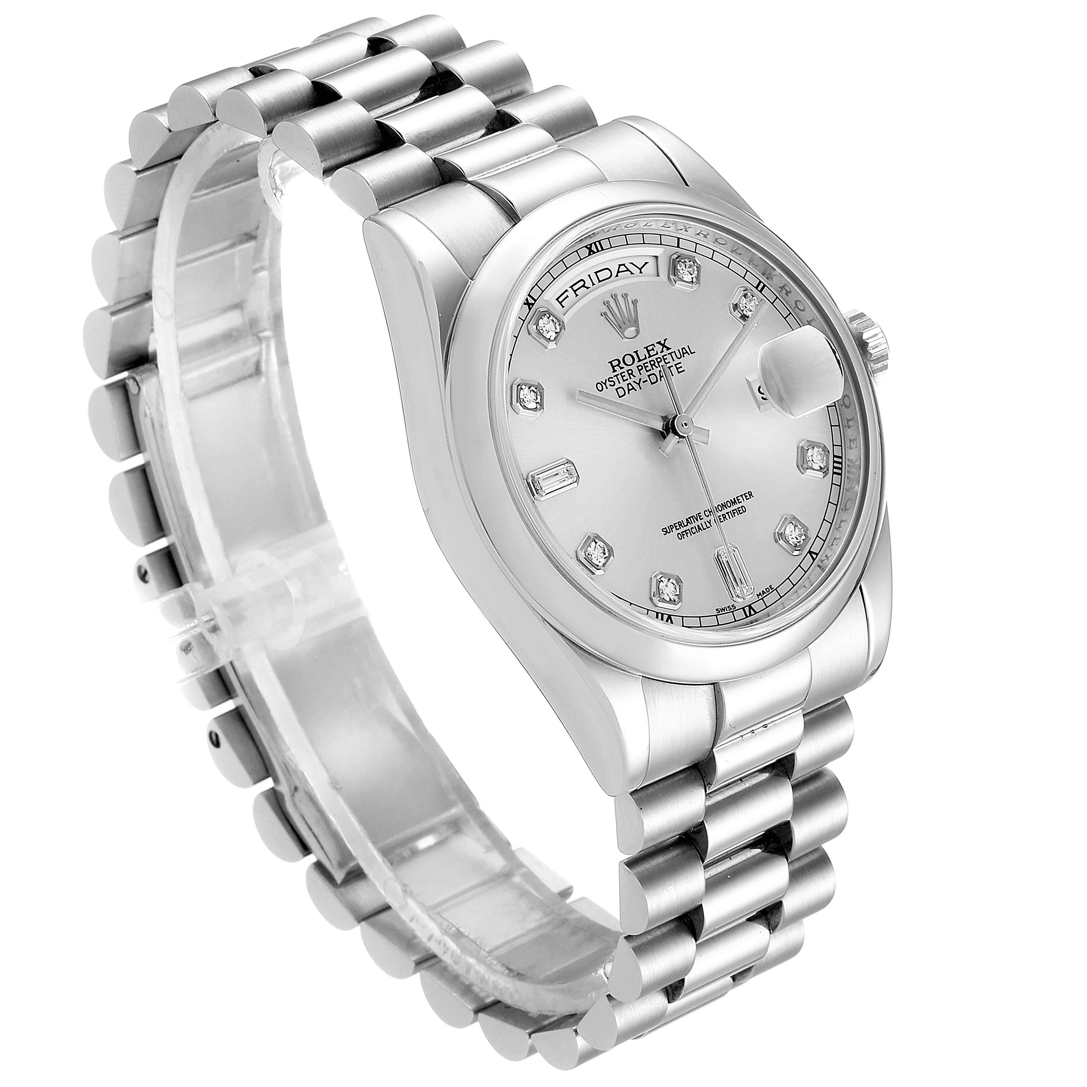 The image shows a Rolex President 118206 Men's Platinum Silver Dial 118206 Men's Platinum Silver Dial model watch at a three-quarter angle, highlighting its face, bezel, and bracelet.