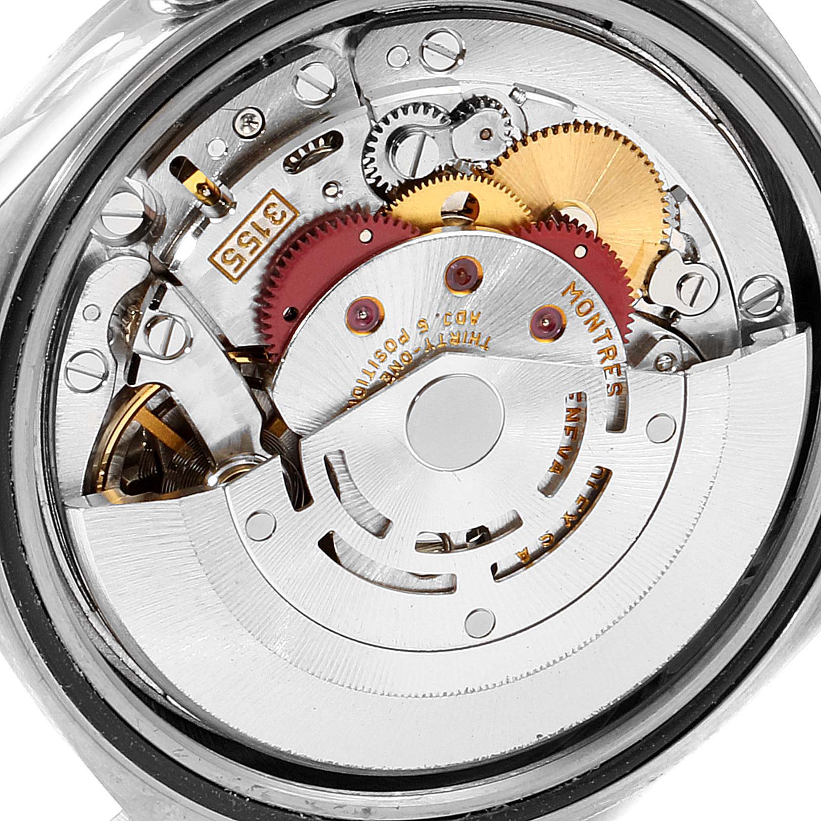 The image shows the internal movement mechanism of the Rolex President 18239 Men
s White Gold Silver Dial 18239 Men
s White Gold Silver Dial model watch from a close-up, top-down angle.