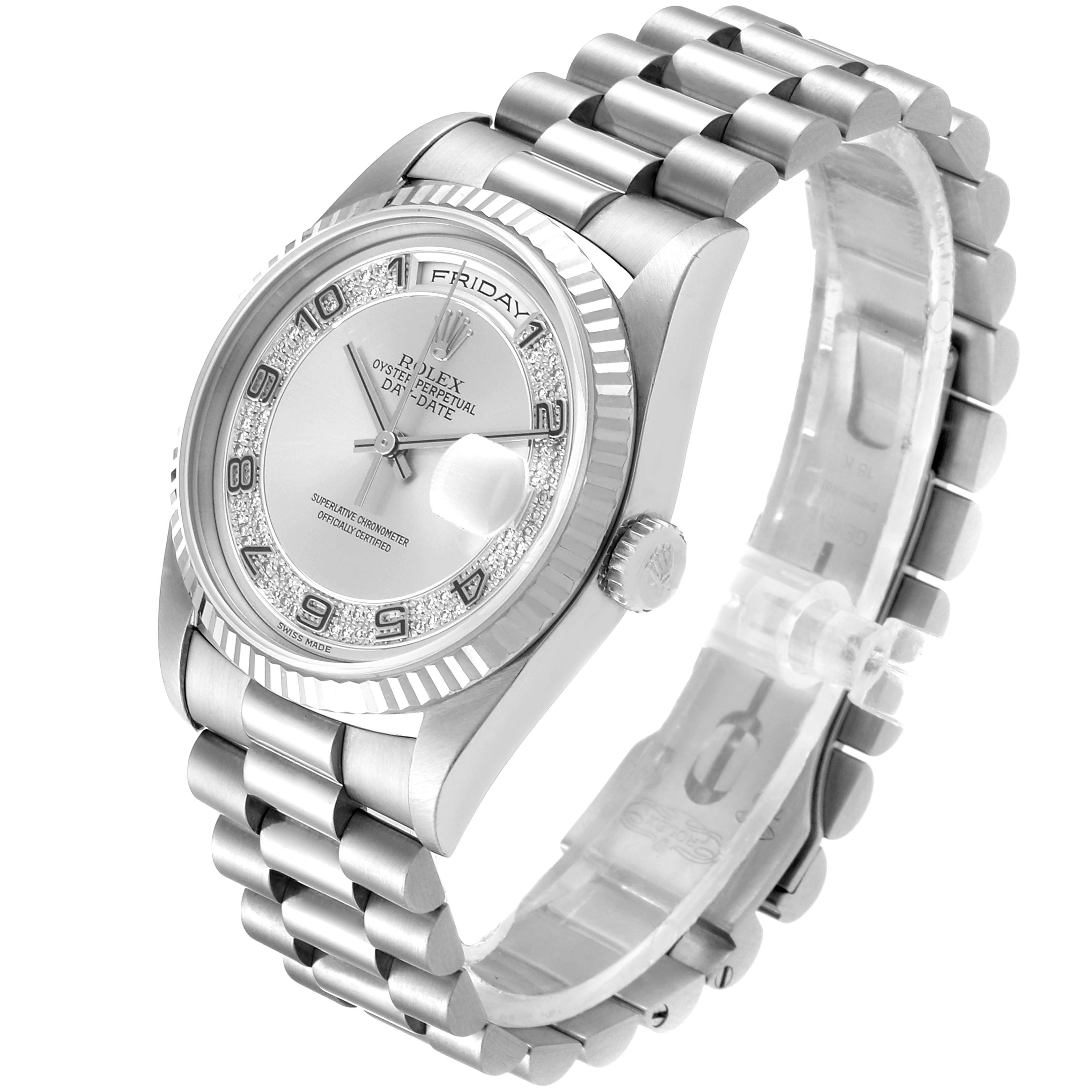 The image shows a Rolex President 18239 Men
s White Gold Silver Dial 18239 Men
s White Gold Silver Dial model watch at an oblique angle, revealing the face, bezel, bracelet, and crown.