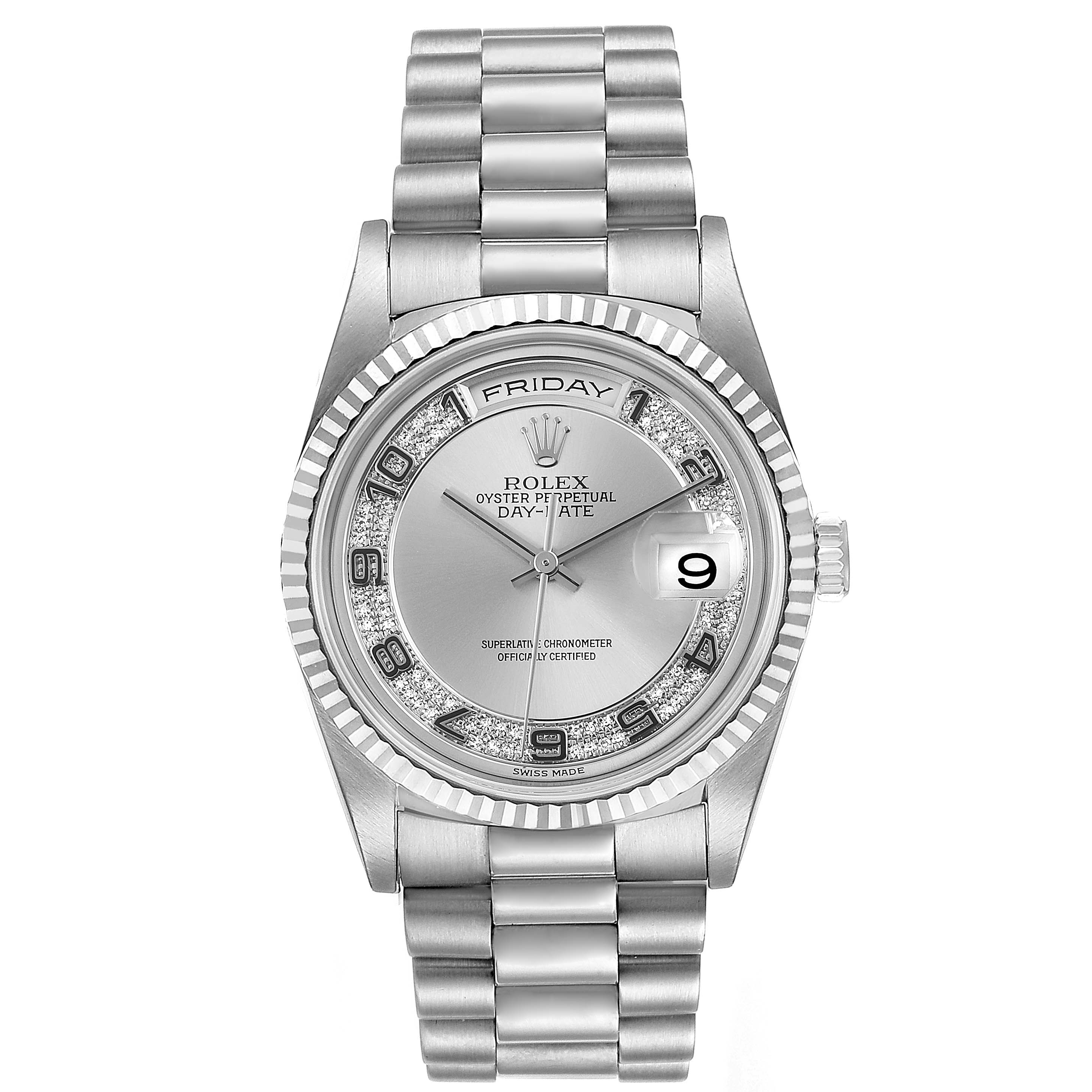 The image shows a frontal view of a Rolex President 18239 Men
s White Gold Silver Dial 18239 Men
s White Gold Silver Dial watch, displaying its silver dial, diamond indices, day-date window, and link bracelet.