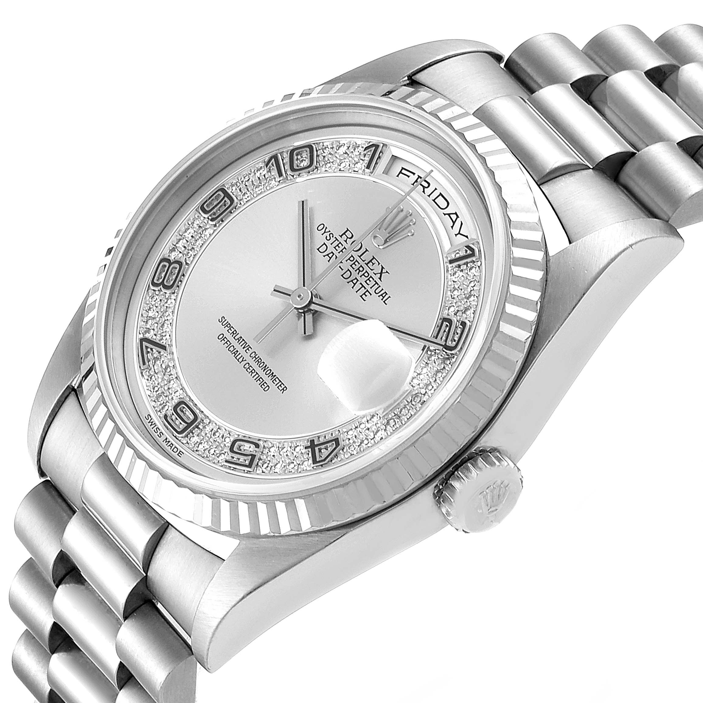 The image shows a close-up angle of the Rolex President 18239 Men
s White Gold Silver Dial 18239 Men
s White Gold Silver Dial model watch, featuring the dial, bezel, crown, and part of the bracelet.