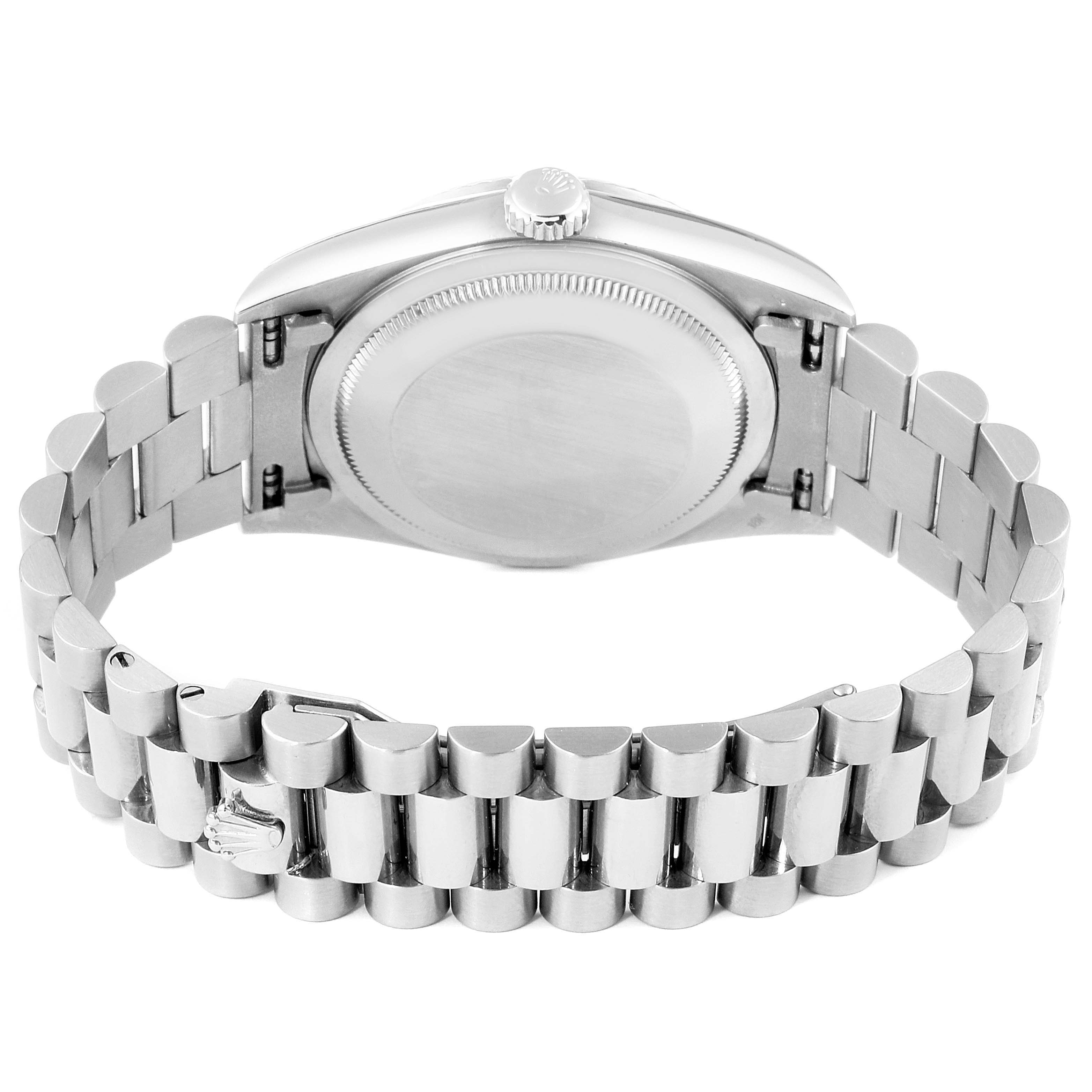 The image shows the back view of a Rolex President 18239 Men
s White Gold Silver Dial 18239 Men
s White Gold Silver Dial model watch, highlighting its bracelet and case back.