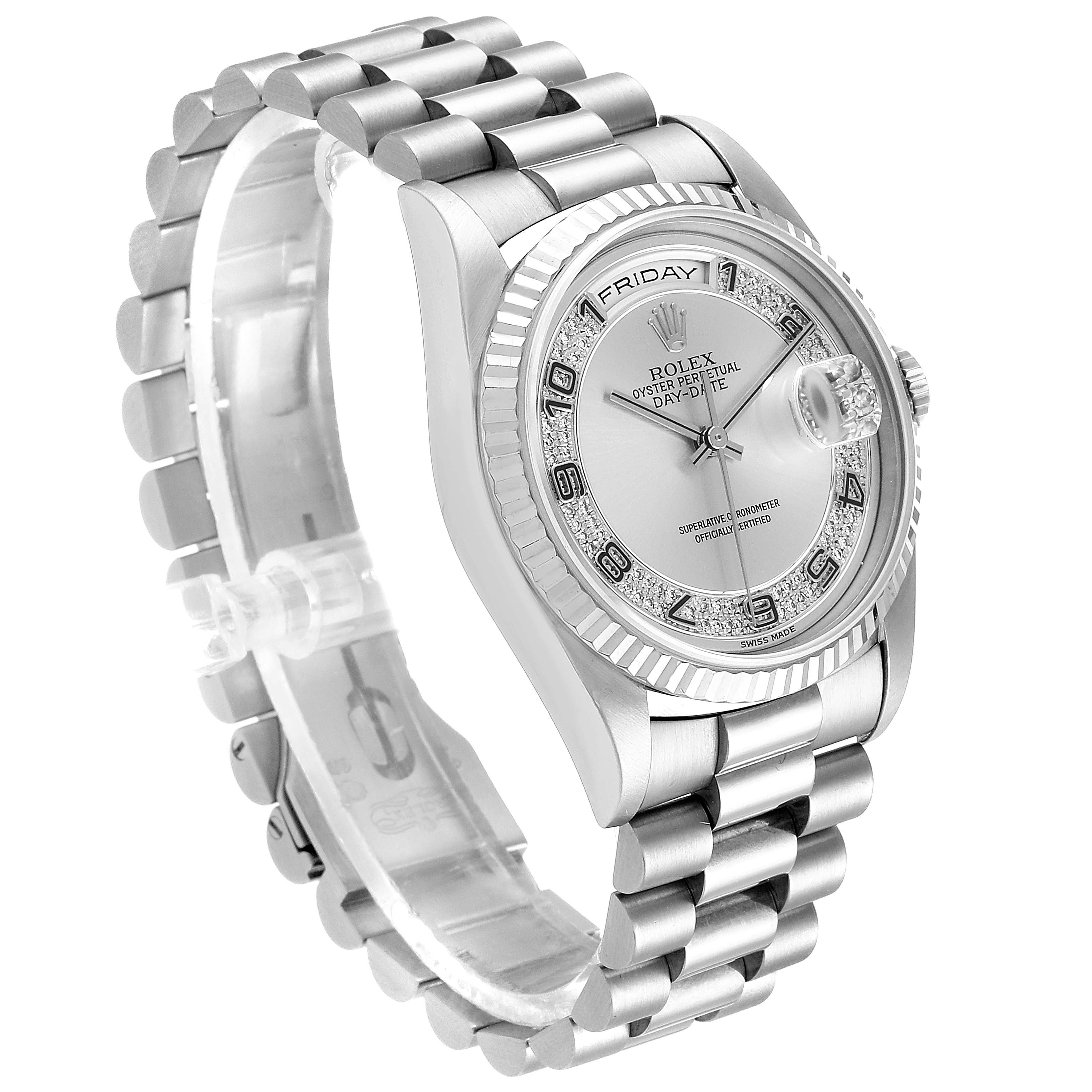 The image shows a side angle of a Rolex President 18239 Men
s White Gold Silver Dial 18239 Men
s White Gold Silver Dial model watch featuring its dial, bezel, and bracelet.