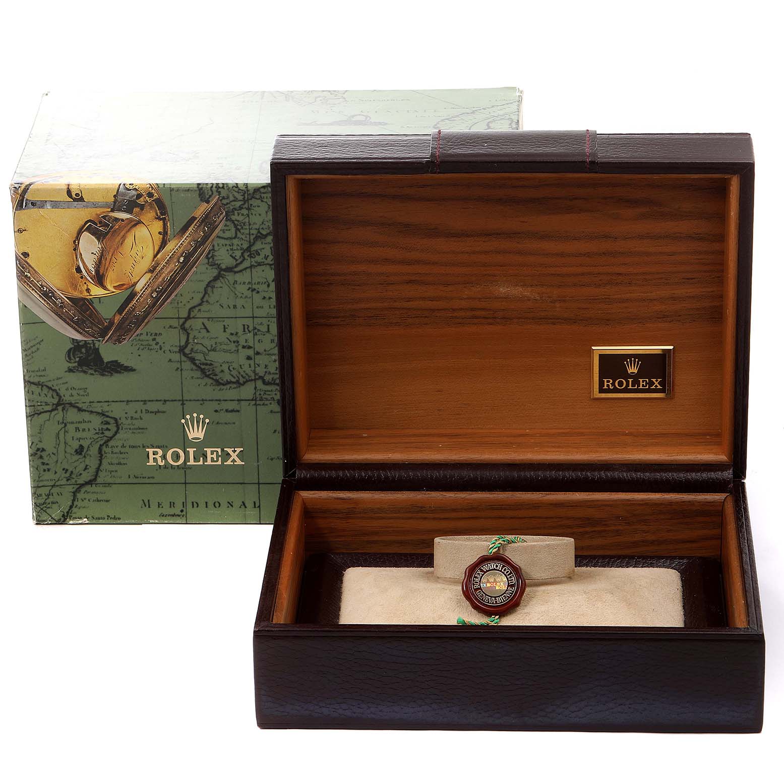 The image shows a Rolex President 18239 Men
s White Gold Silver Dial 18239 Men
s White Gold Silver Dial model watch box, open, with a logo inside and a tag, next to the outer packaging.