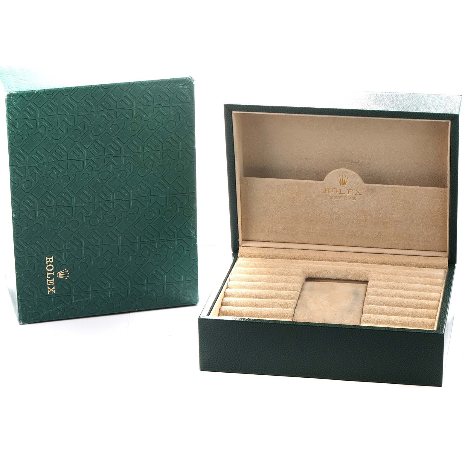 The image shows an open and closed Rolex President 18238 Men's Yellow Gold Brown Dial model watch box with a green exterior and beige interior.