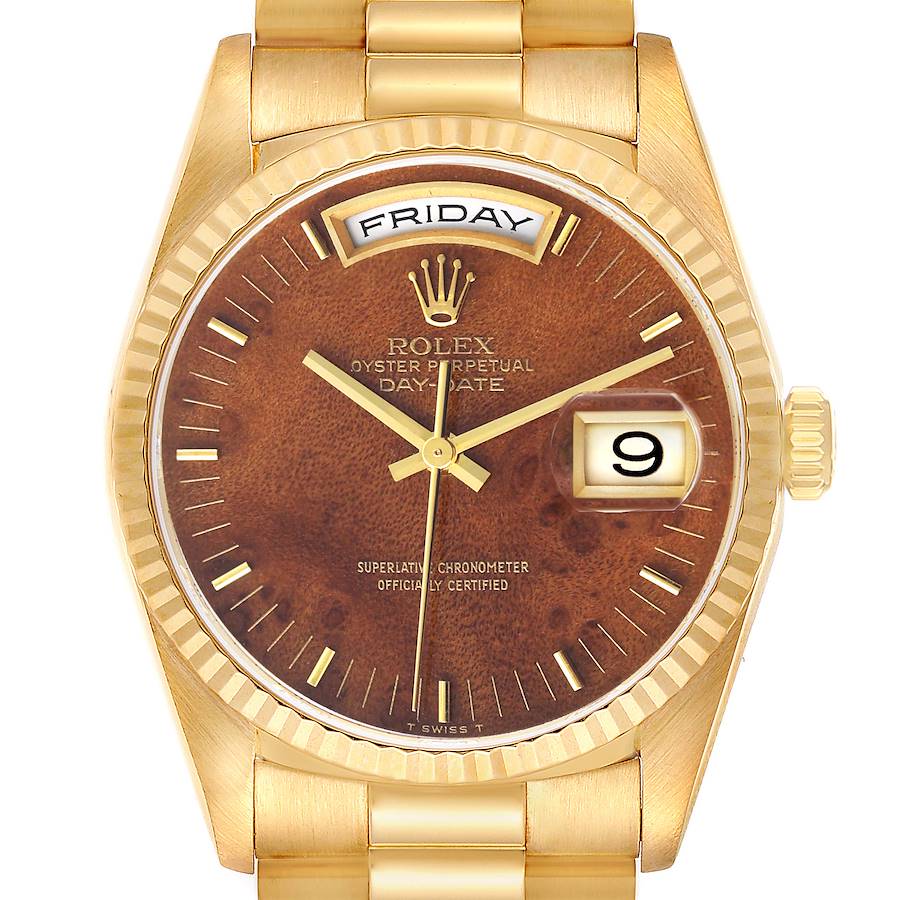 The Rolex President 18238 Men's Yellow Gold Brown Dial model is shown from the front, displaying the dial, day-date feature, and gold bracelet.
