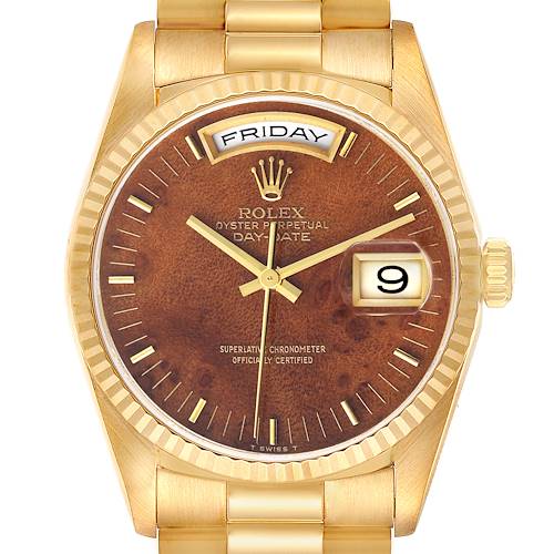 Photo of Rolex President Day-Date Yellow Gold Burl Wood Dial Mens Watch 18238